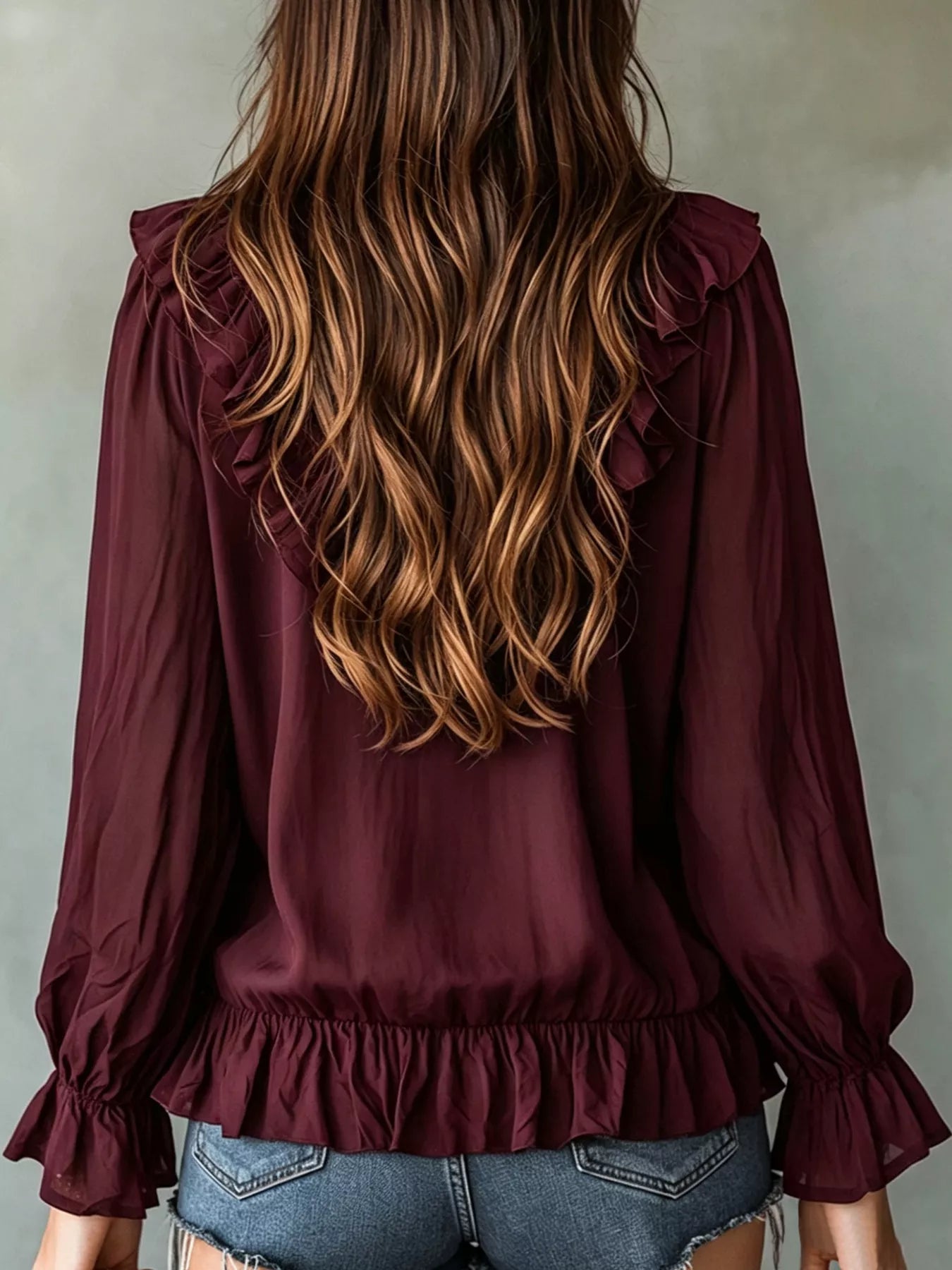 Trendsi Ruffle V-Neck Long Sleeve Blouse -