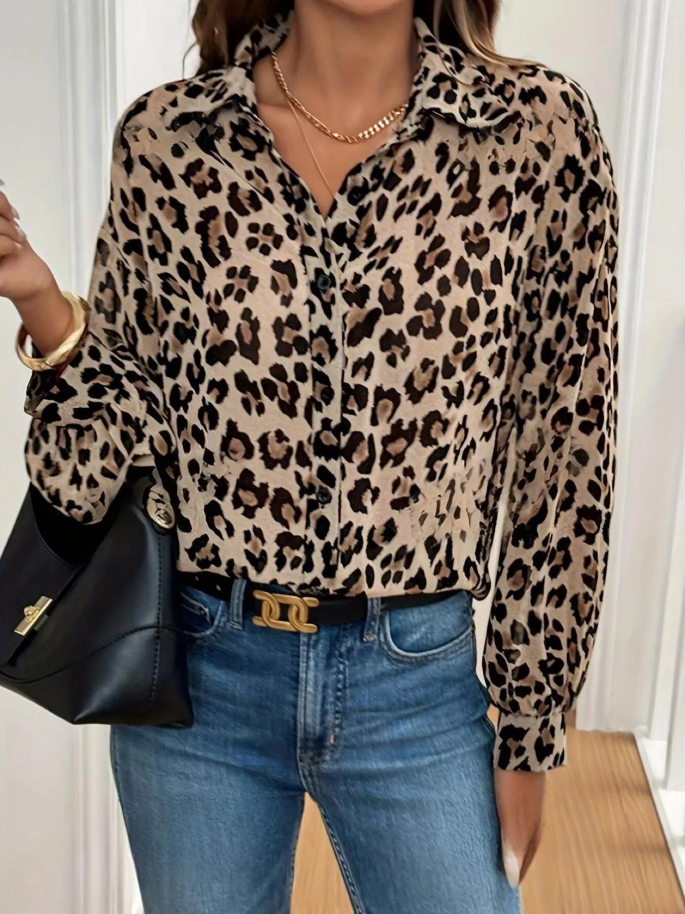 Trendsi Leopard Print Button-Down Long Sleeve Shirt -