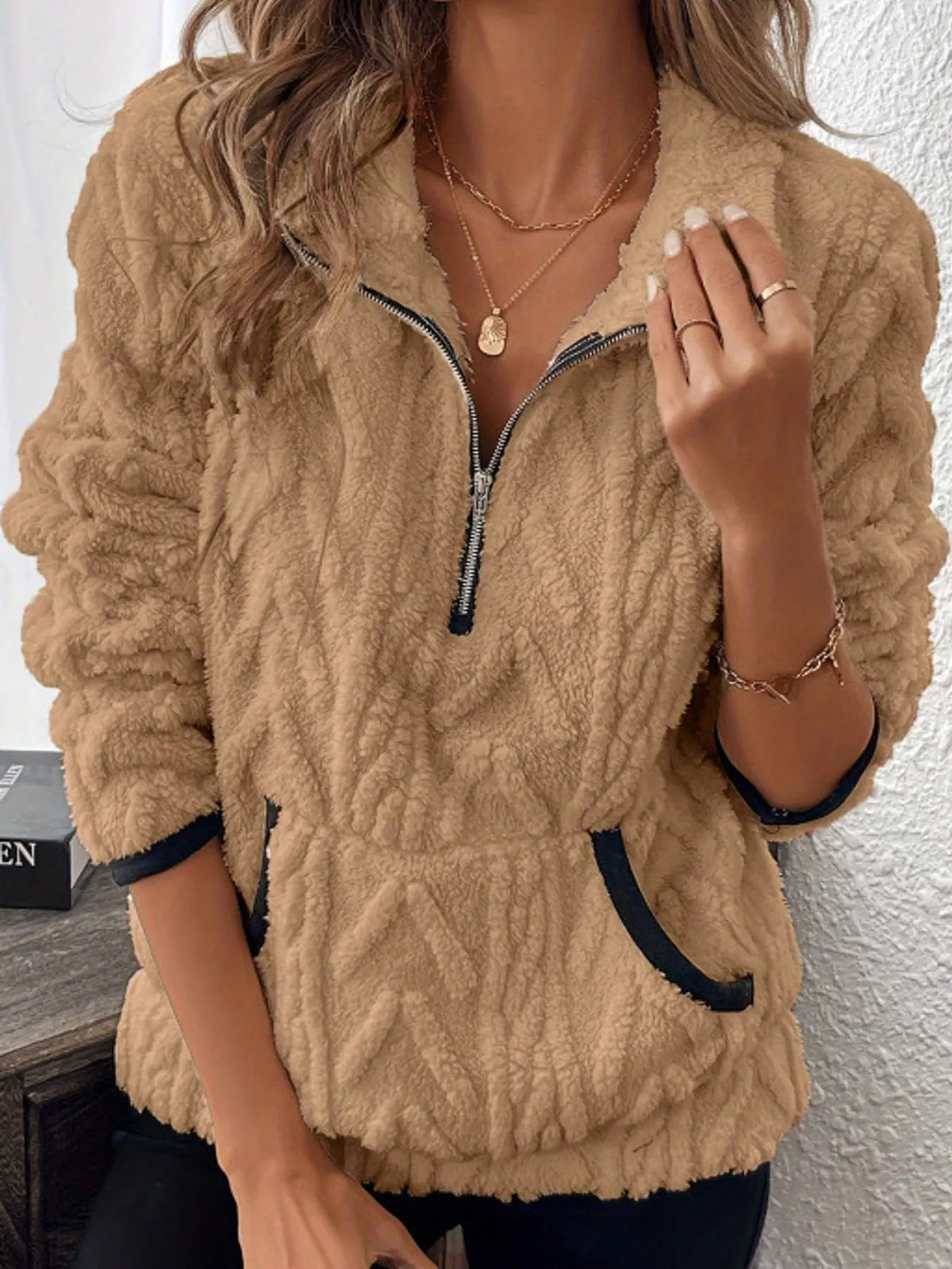 Women's Quarter-Zip Sherpa Sweatshirt in camel — front view