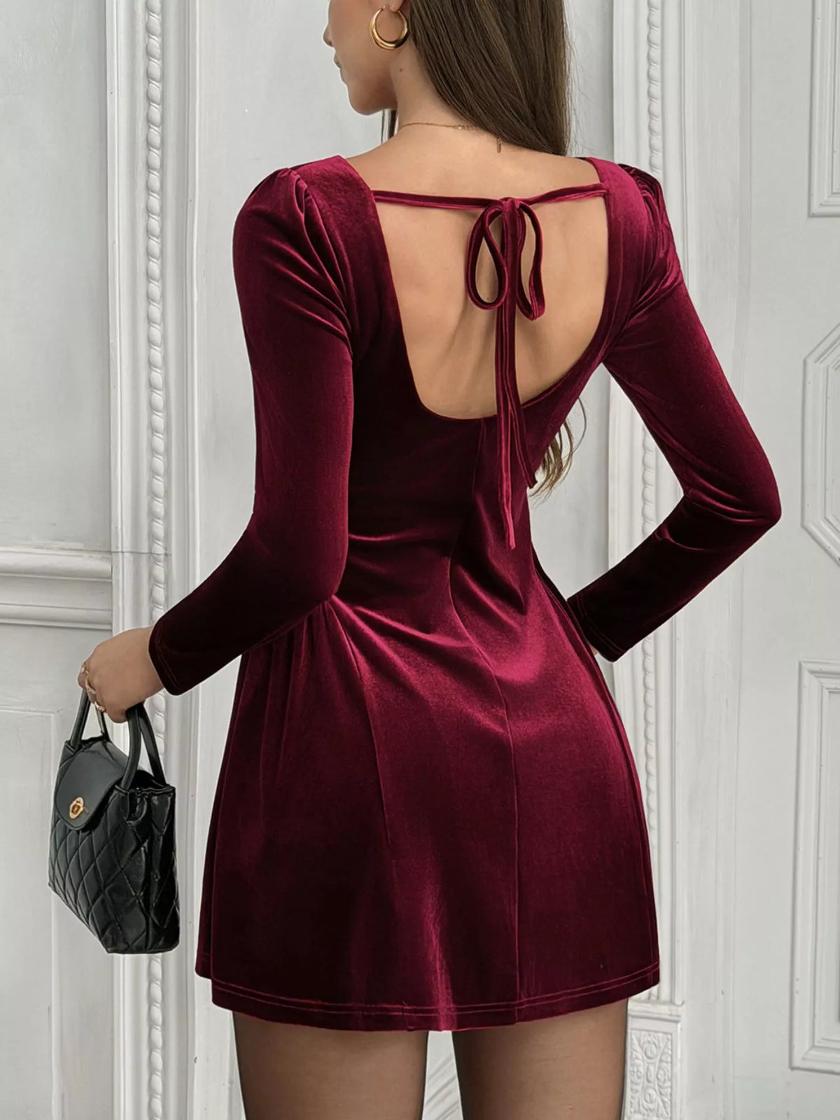 Velvet Square Neck Long Sleeve Mini Dress, open back detail
