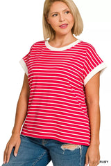 Trendsi Zenana Full Size Contrast Trim Cap Sleeve Stripe Tee Plus Size -