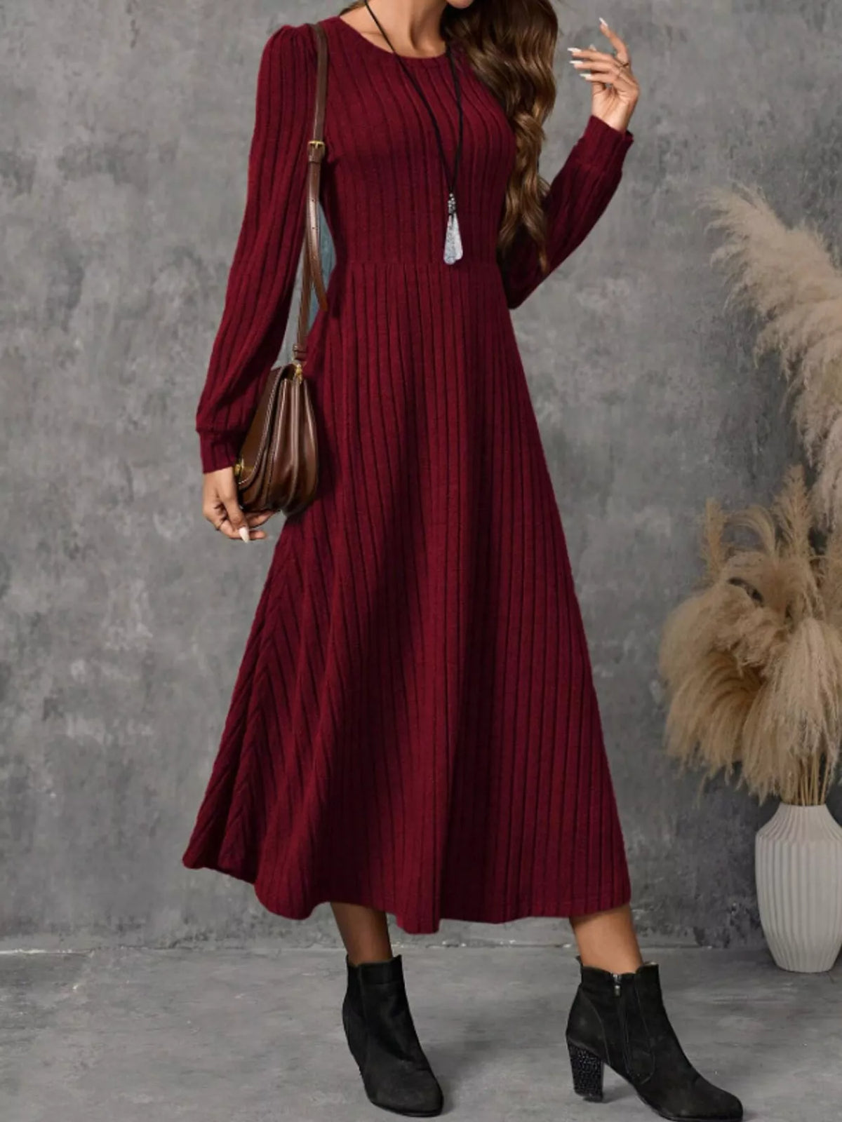 Women's Ribbed Knit Long Sleeve A-Line Midi Dress in burgundy — front view