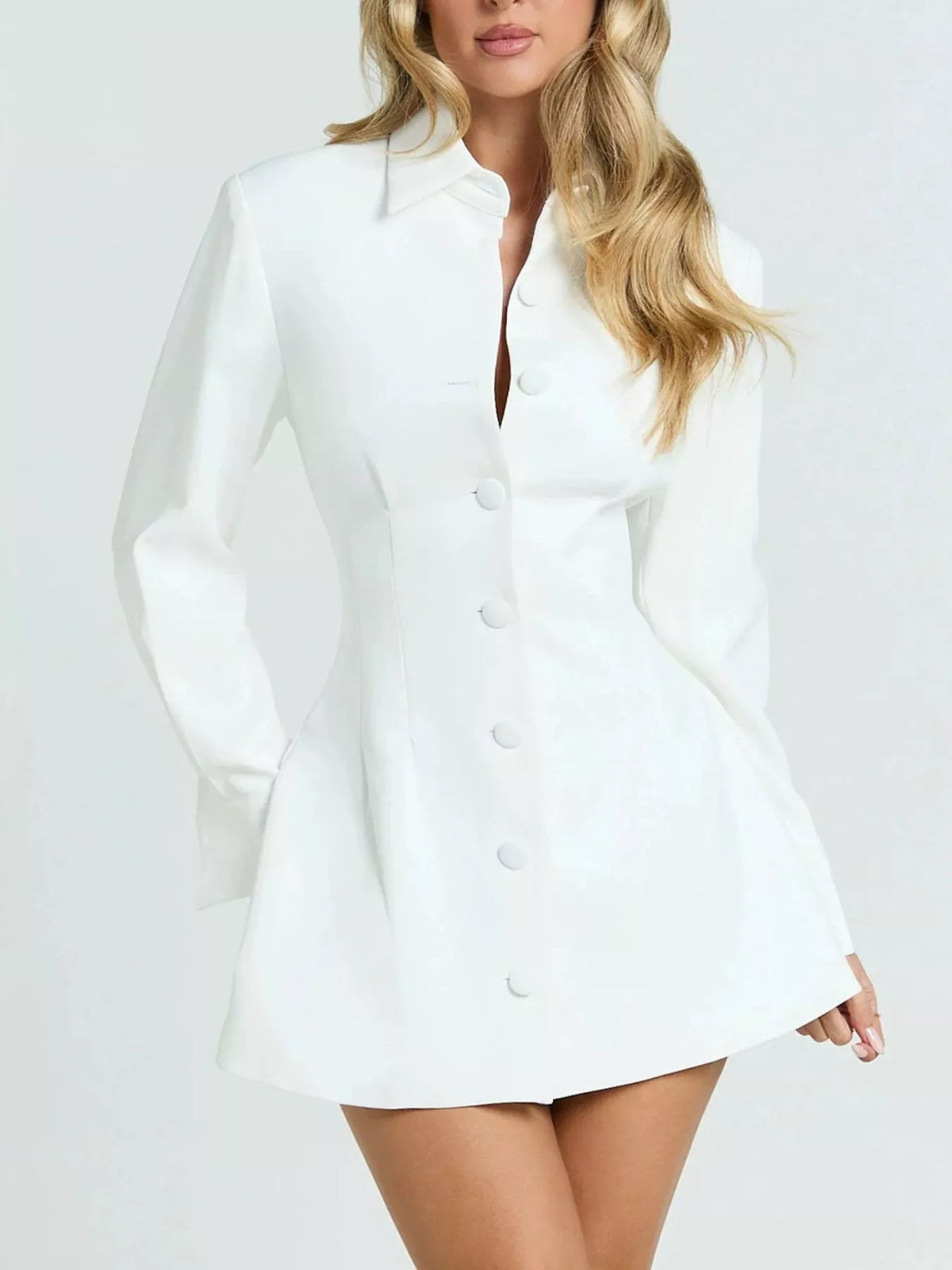 Corset-style mini blazer dress — white front view.