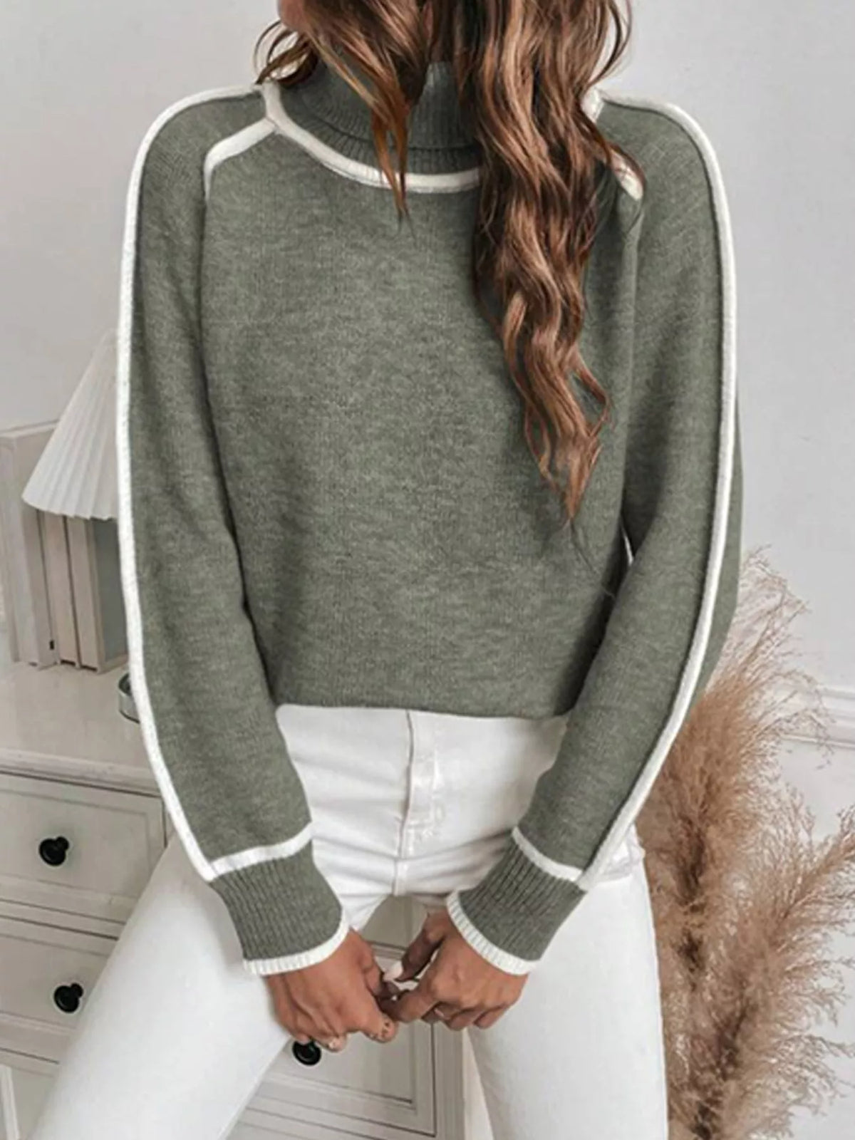 Women's Contrast Trim Ribbed Hem Turtleneck Sweater in Military Green, front view