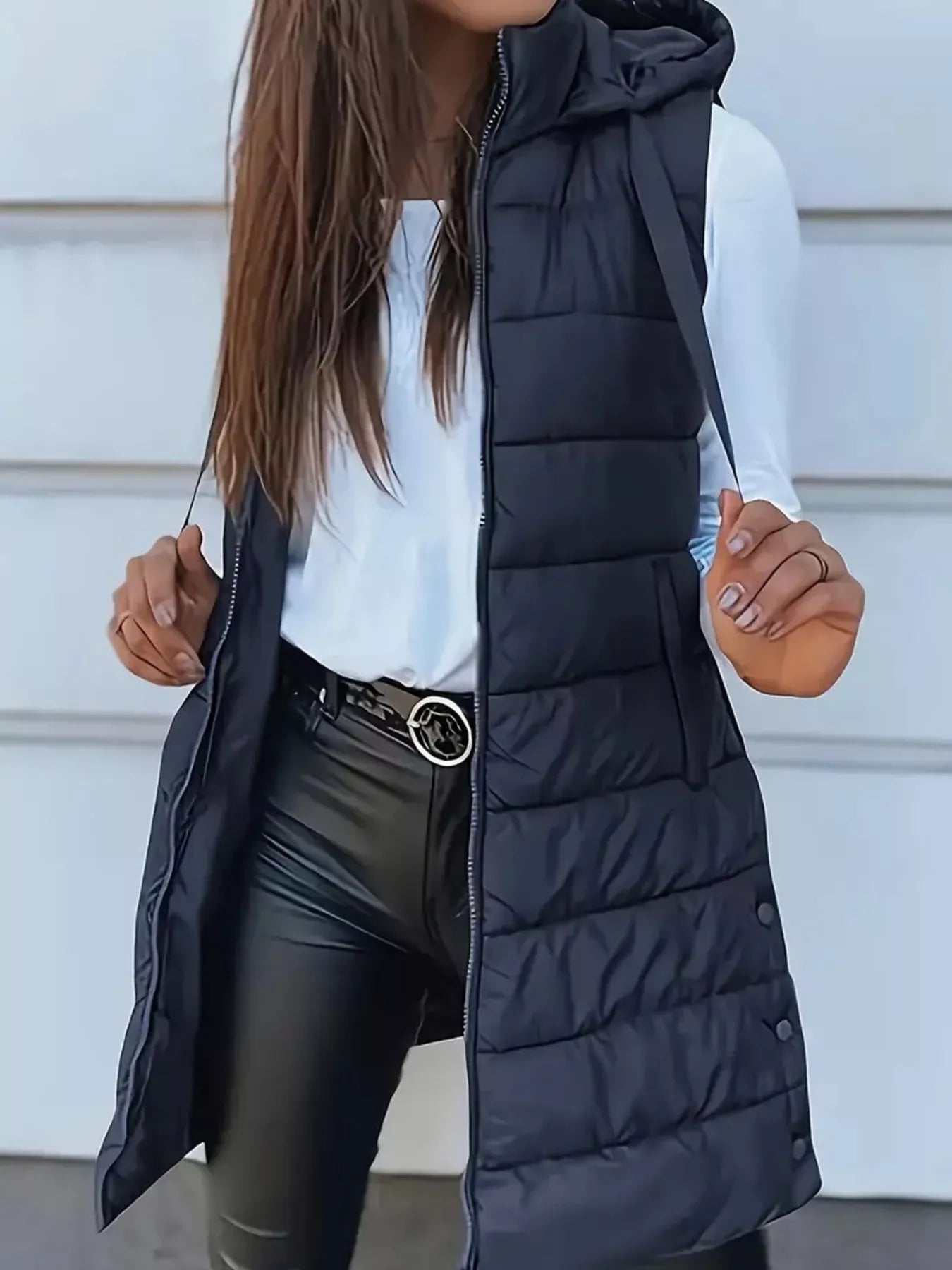 Trendsi Zip Up Longline Hooded Puffer Vest Coat -