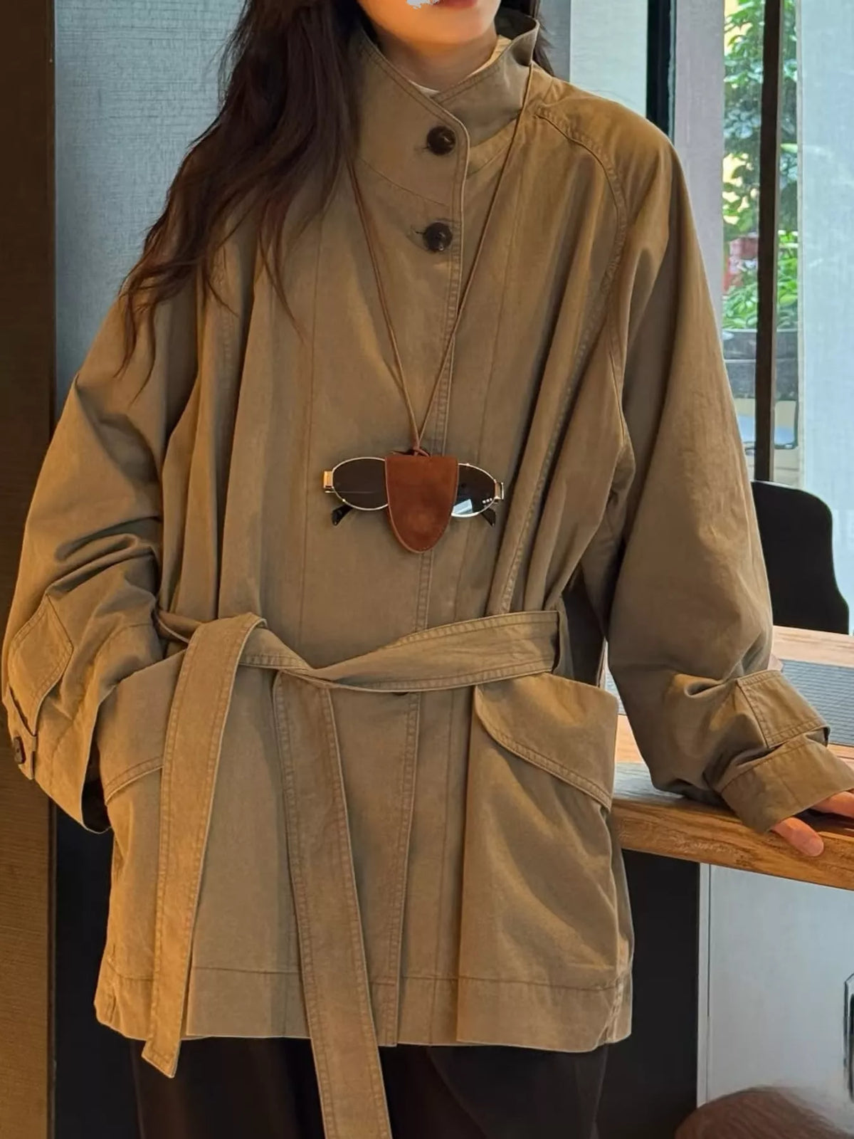 Vintage Style Stand-Collar Belted Utility Jacket in coffee