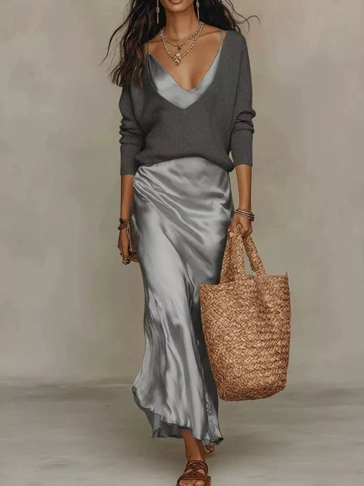 Satin Maxi Dress Two-Piece Set — front view