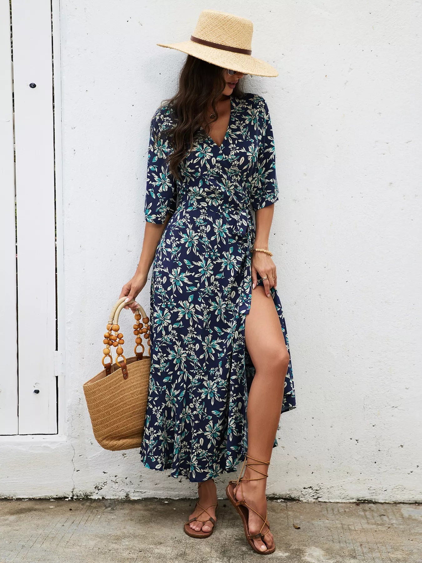 Trendsi Slit Printed Surplice Midi Dress -