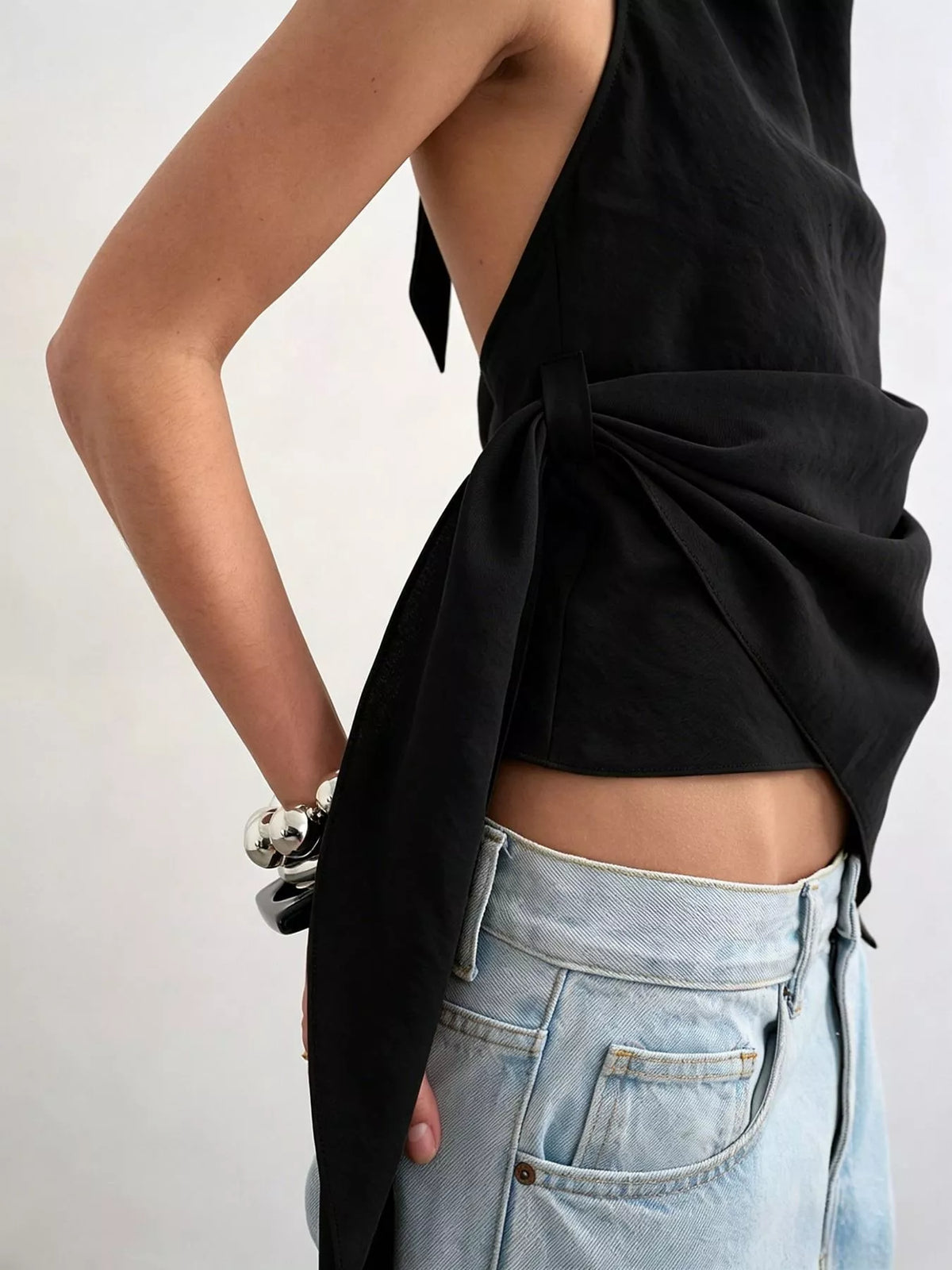 Halter Neck Draped Tank Top, detail view in black