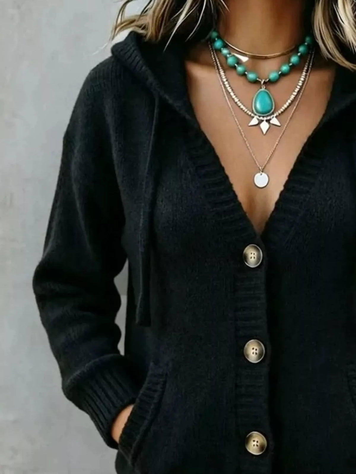 Women's Hooded Button-Down Knit Cardigan in black — button detail view