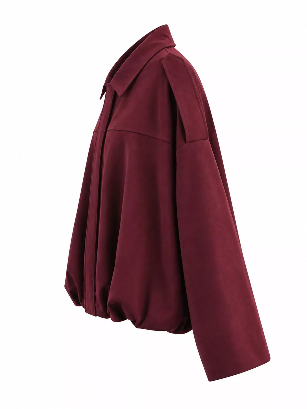 Burgundy elastic hem batwing sleeve jacket, side view