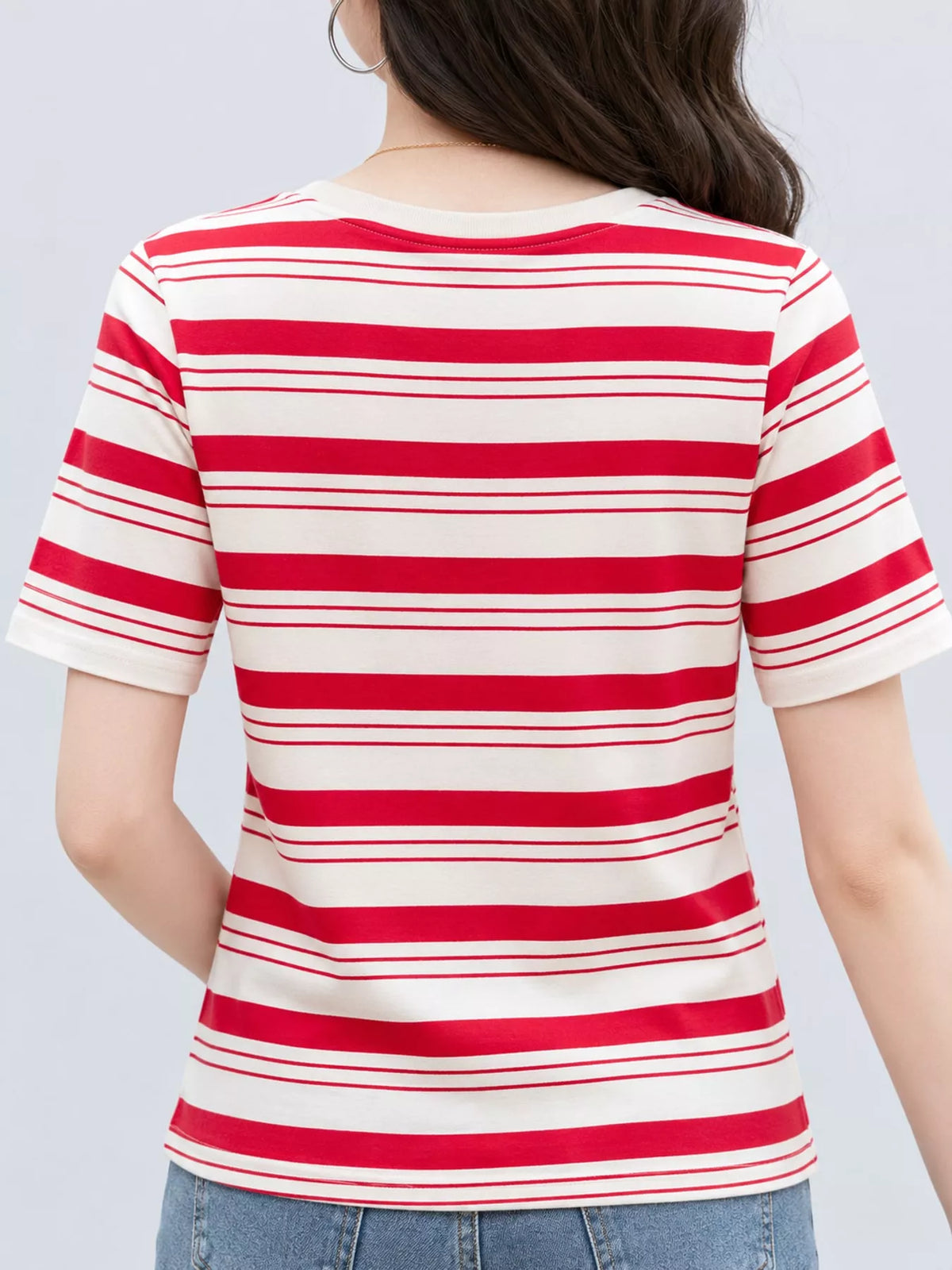 Red - Striped striped crew neck embroidered t-shirt, back view
