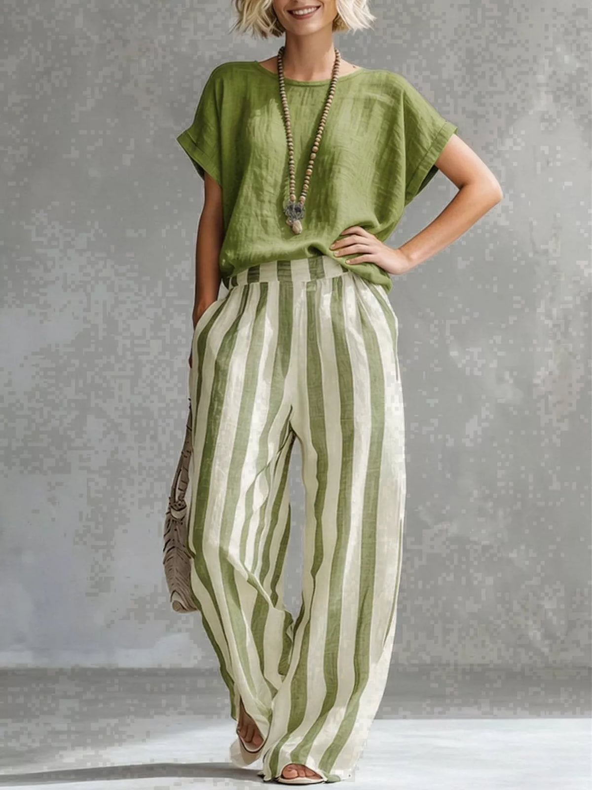 Green short sleeve top and wide-leg pants set — front view