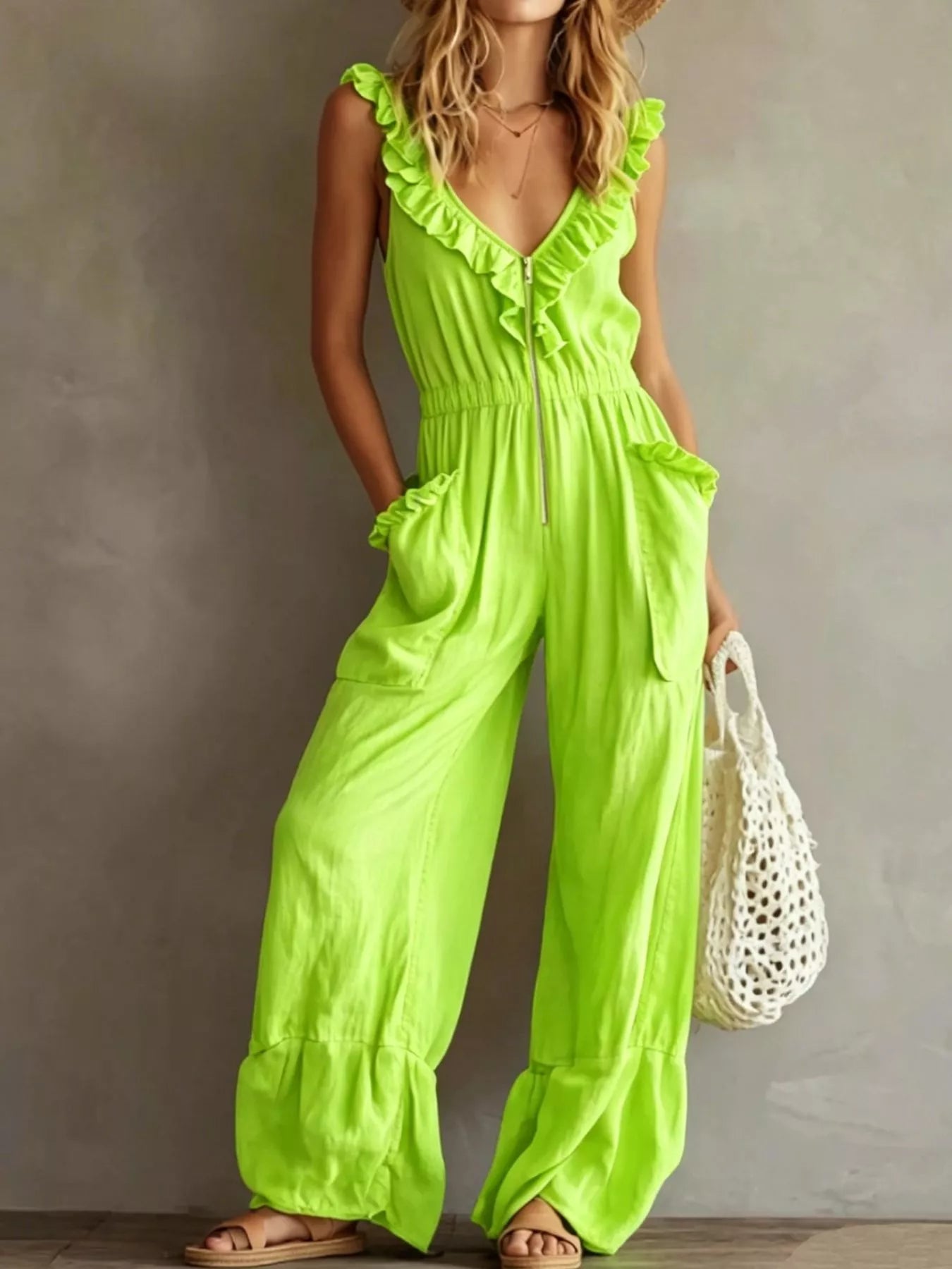 Trendsi Ruffled V-Neck Wide Leg Jumpsuit -