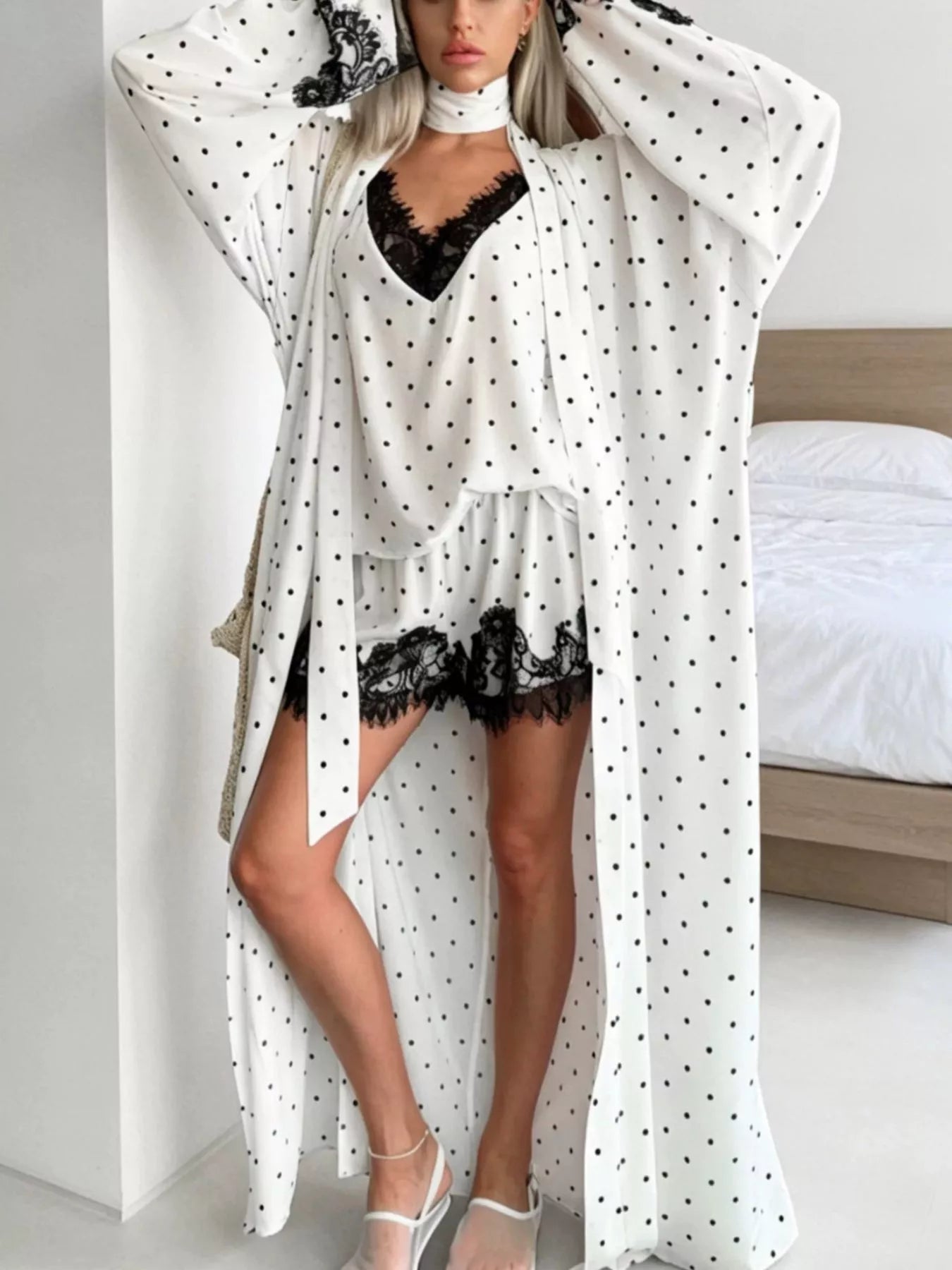 Trendsi Polka Dot Lace Trim Cami & Cardigan and Shorts Set -