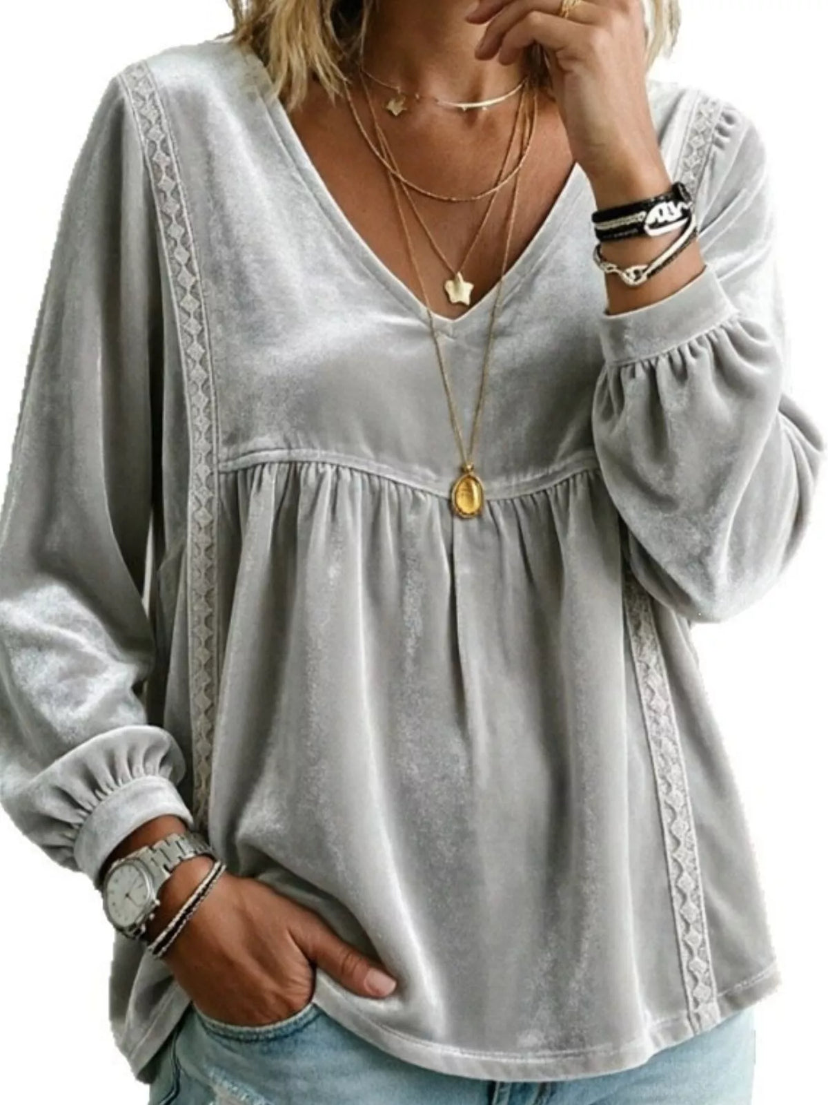 Women's V-Neck Long-Sleeve Velvet Blouse with Lace Trim — alternate view 15
