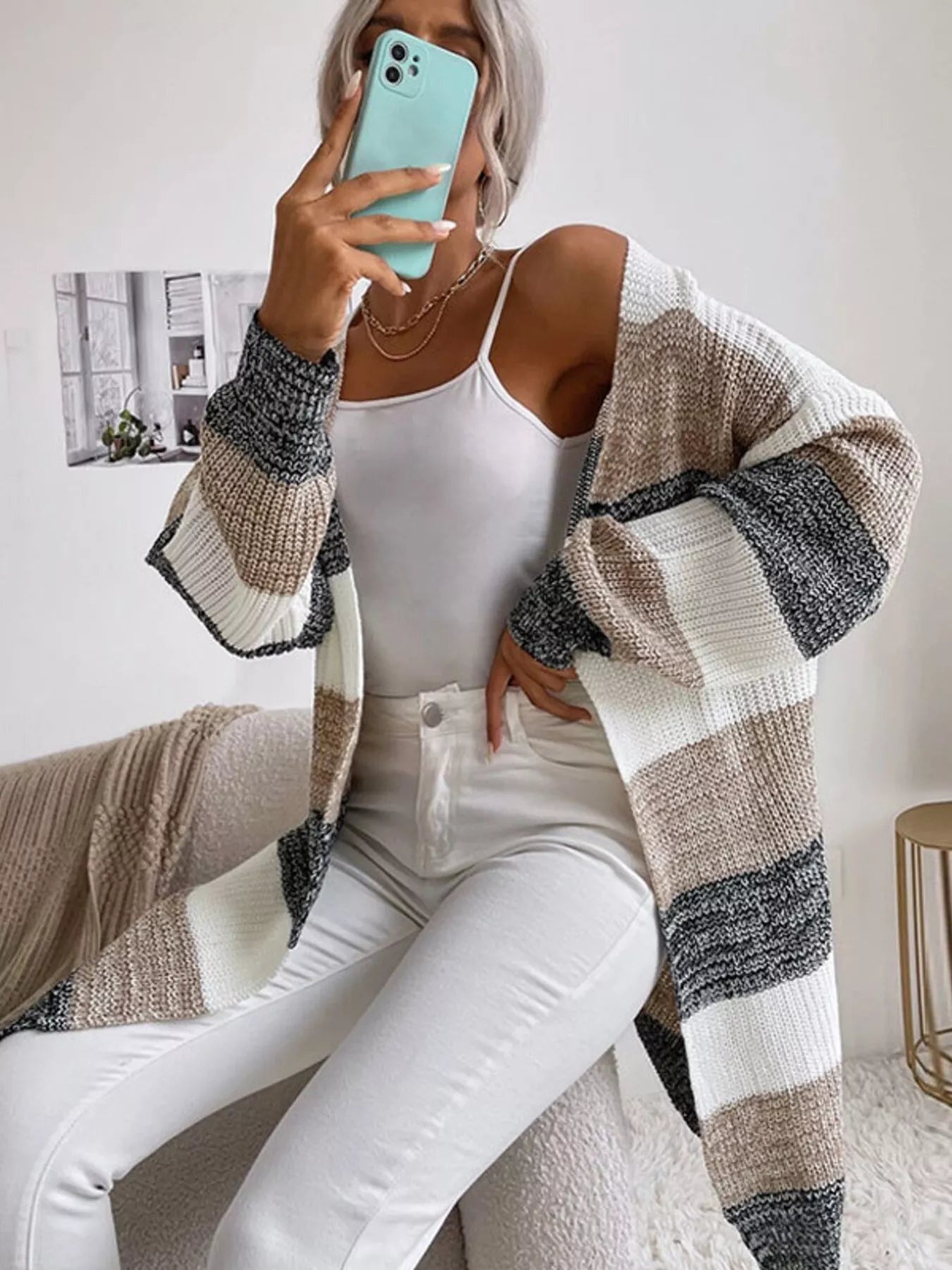 Trendsi Color Block Striped Open Front Longline Cardigan -