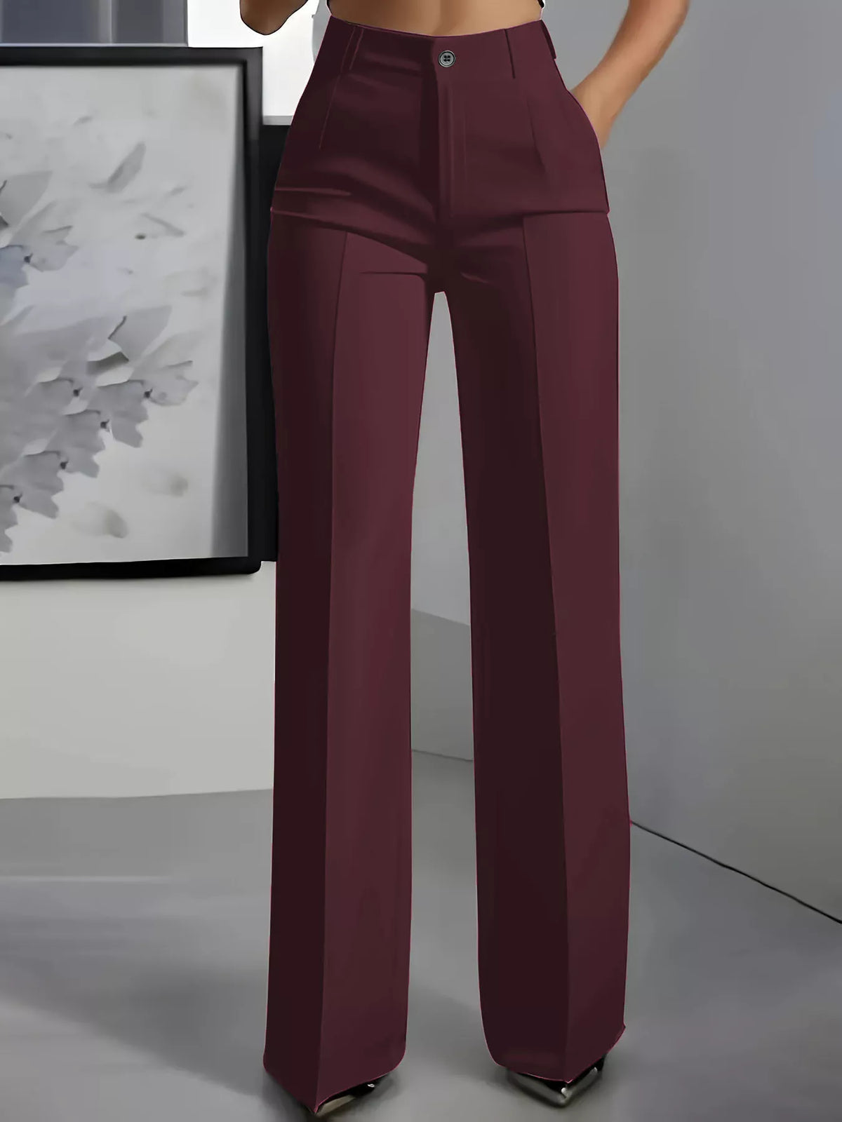 Burgundy high-waisted wide-leg pants, front view