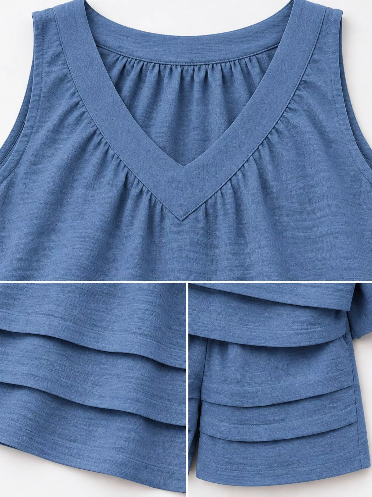 V-neck sleeveless outfit set, construction and design details