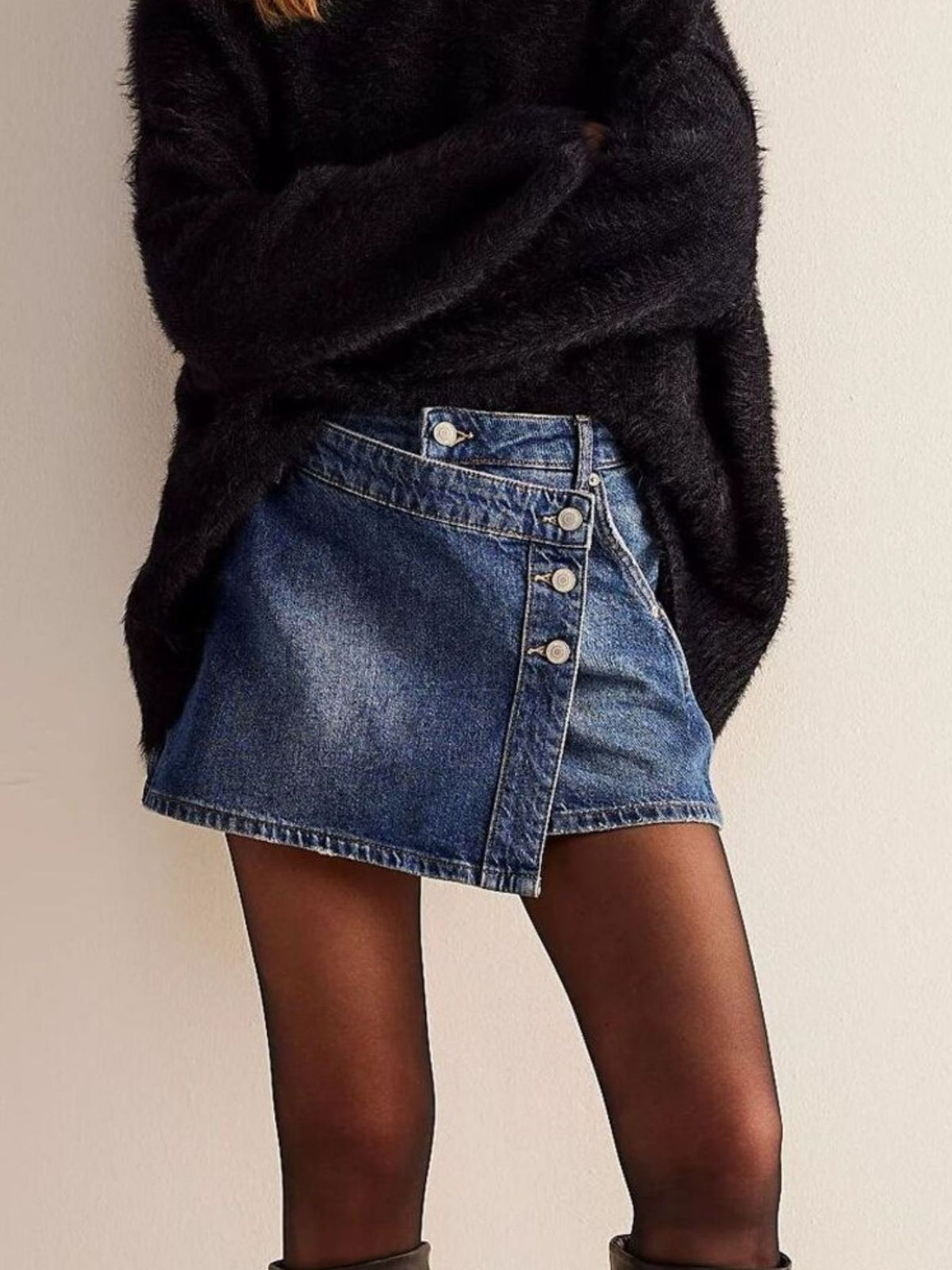 Trendsi Asymmetrical Button-Front Denim Skirt -