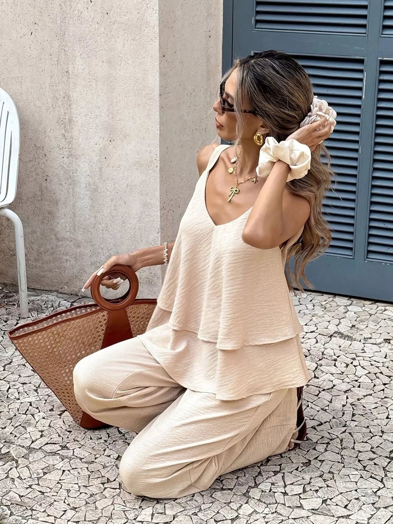 Trendsi V-Neck Top and Wide-Leg Pants Set -