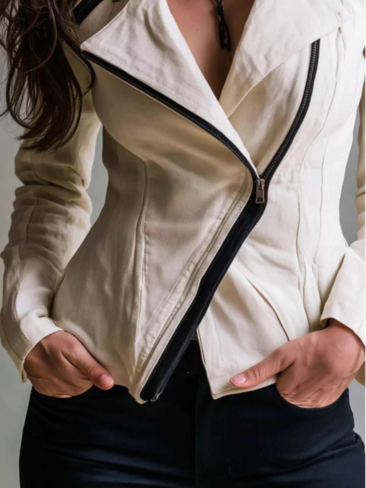 Trendsi Asymmetric Zipper Long Sleeve Jacket -