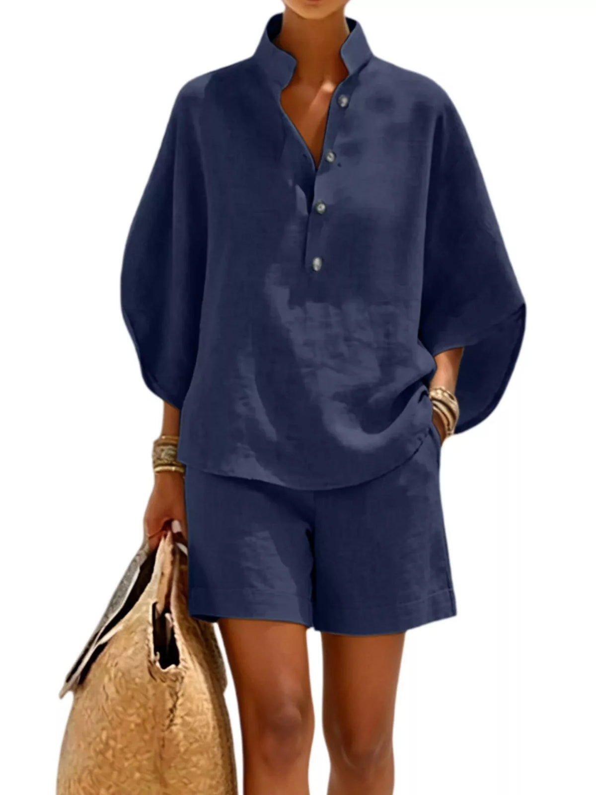 Button Detail Loose Fit Top and Shorts Set in navy, front view