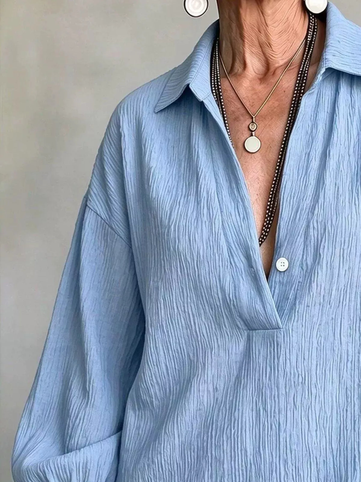 Women's Textured Lantern Sleeves Blouse in light blue — neckline detail view
