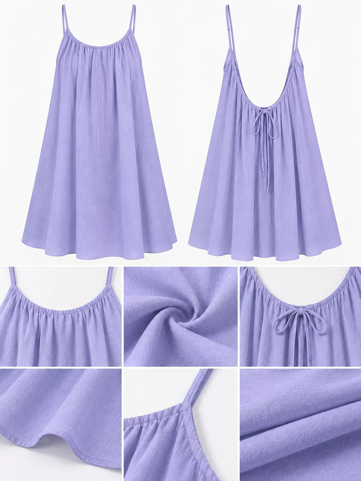 Lavender spaghetti strap A-line mini dress with open tie back, front, back and construction details