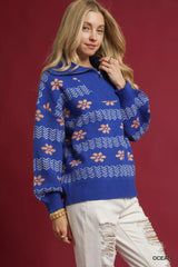 Trendsi Umgee Floral Patterned Jacquard Quarter-Zip Pullover Sweater -
