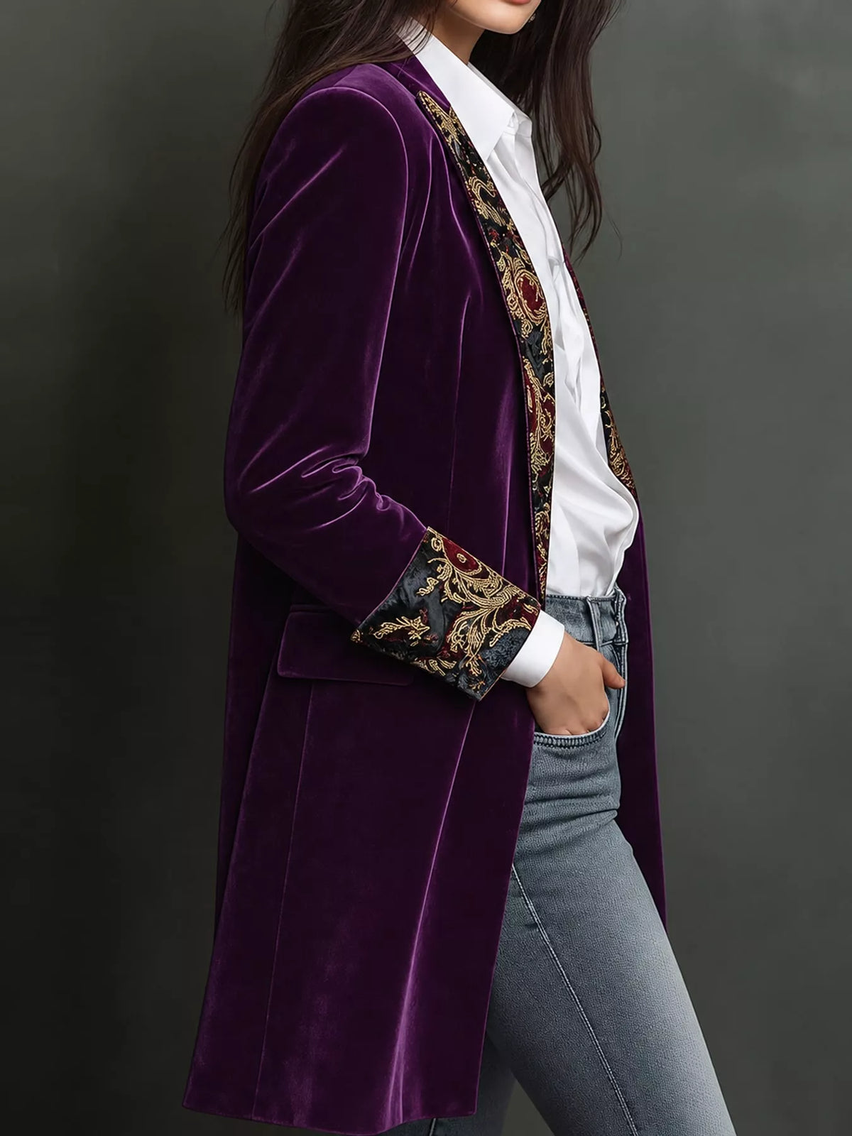 Purple (with Lining) floral lapels and cuffs velvet blazer