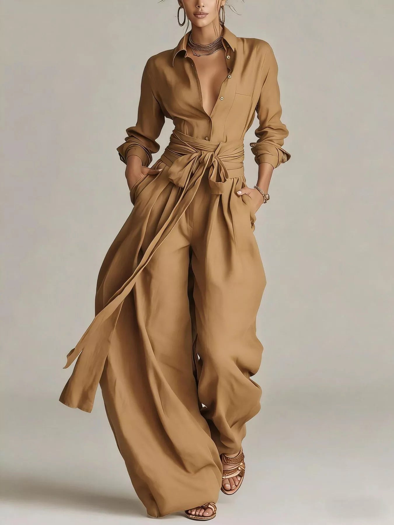 Trendsi Long-Sleeve Button-Down Waist-Tie Jumpsuit -