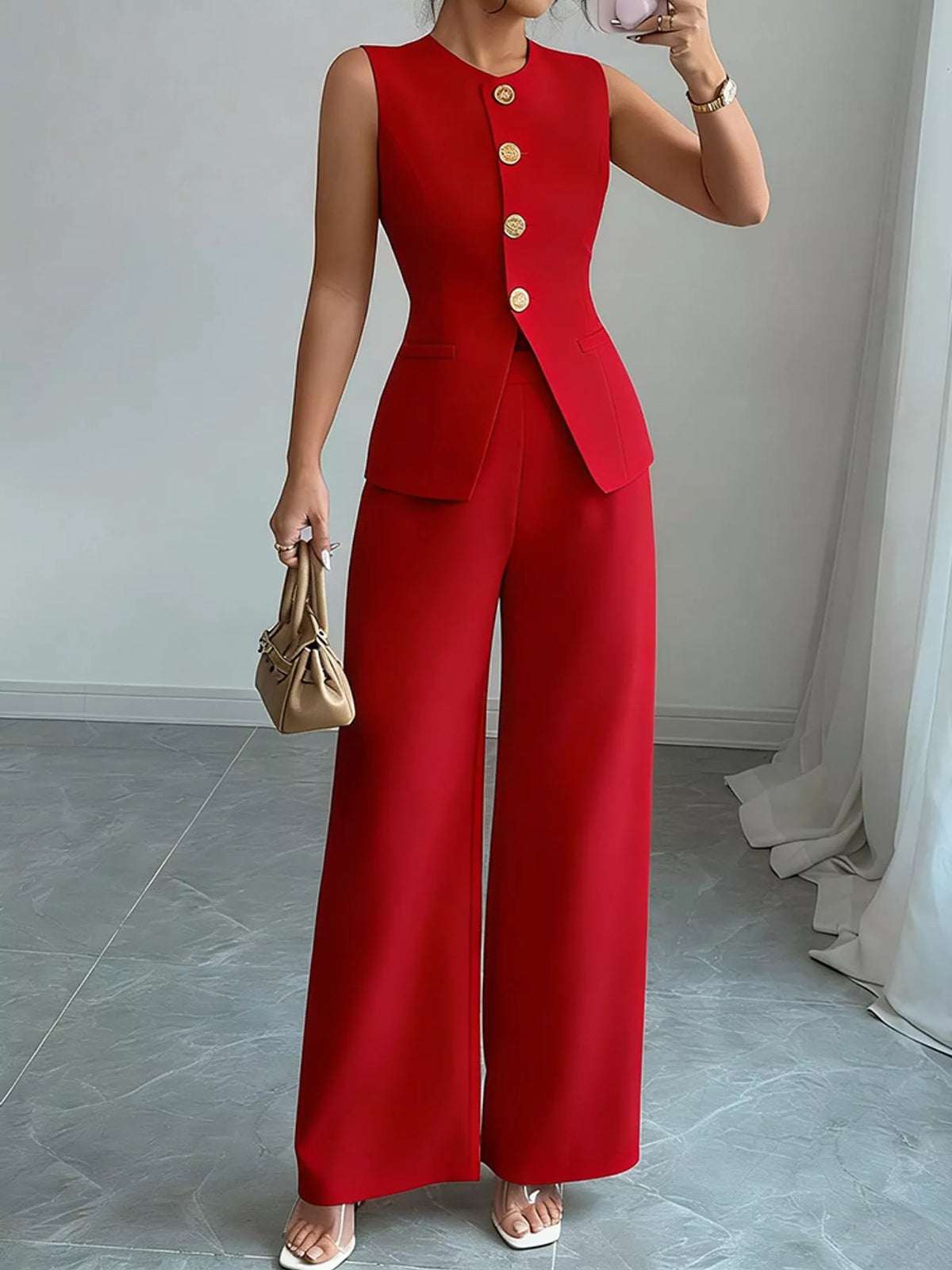 Button-Down Vest and Wide-Leg Pants Set in red