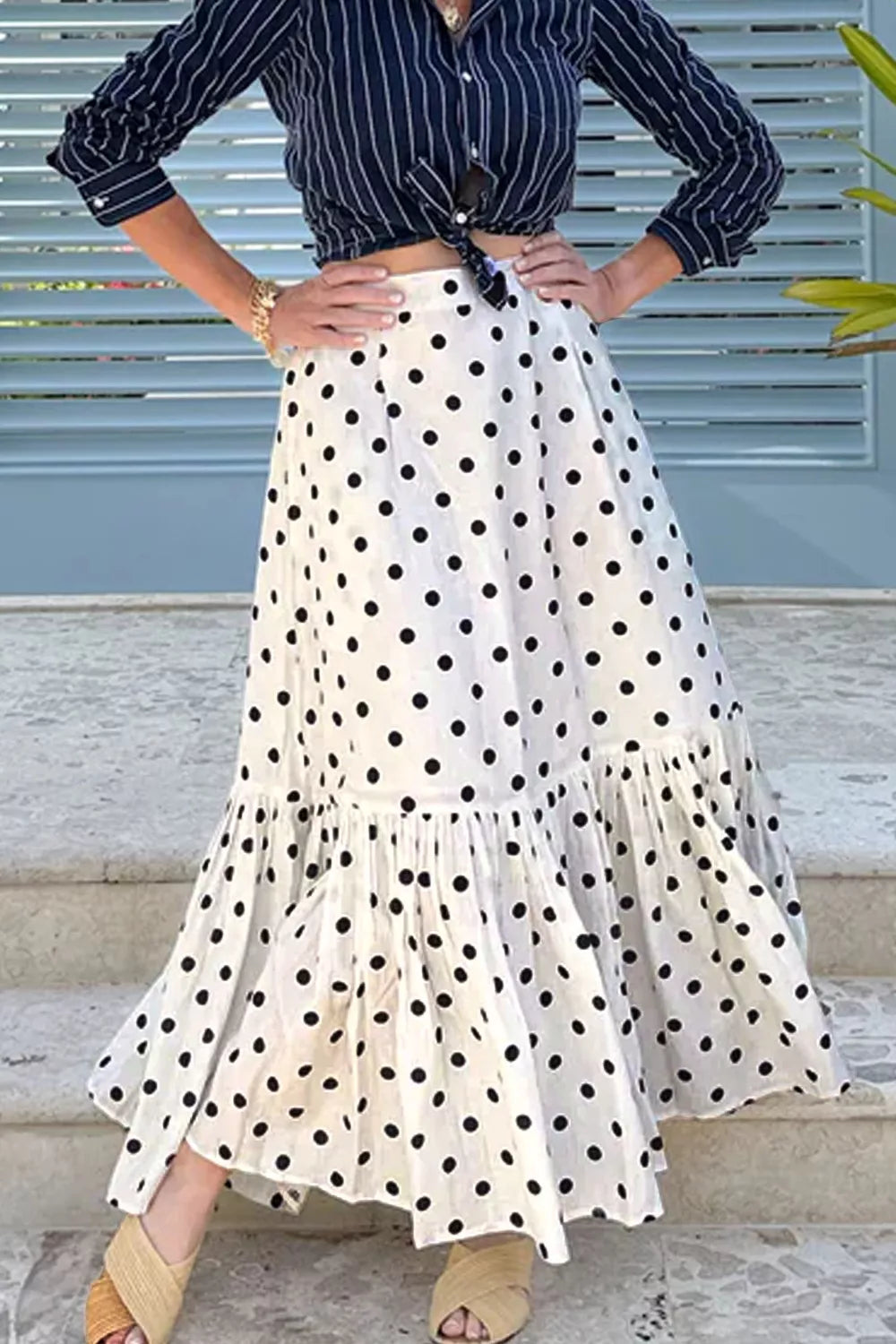 Trendsi Polka Dot Ruffled Slit Maxi Skirt -