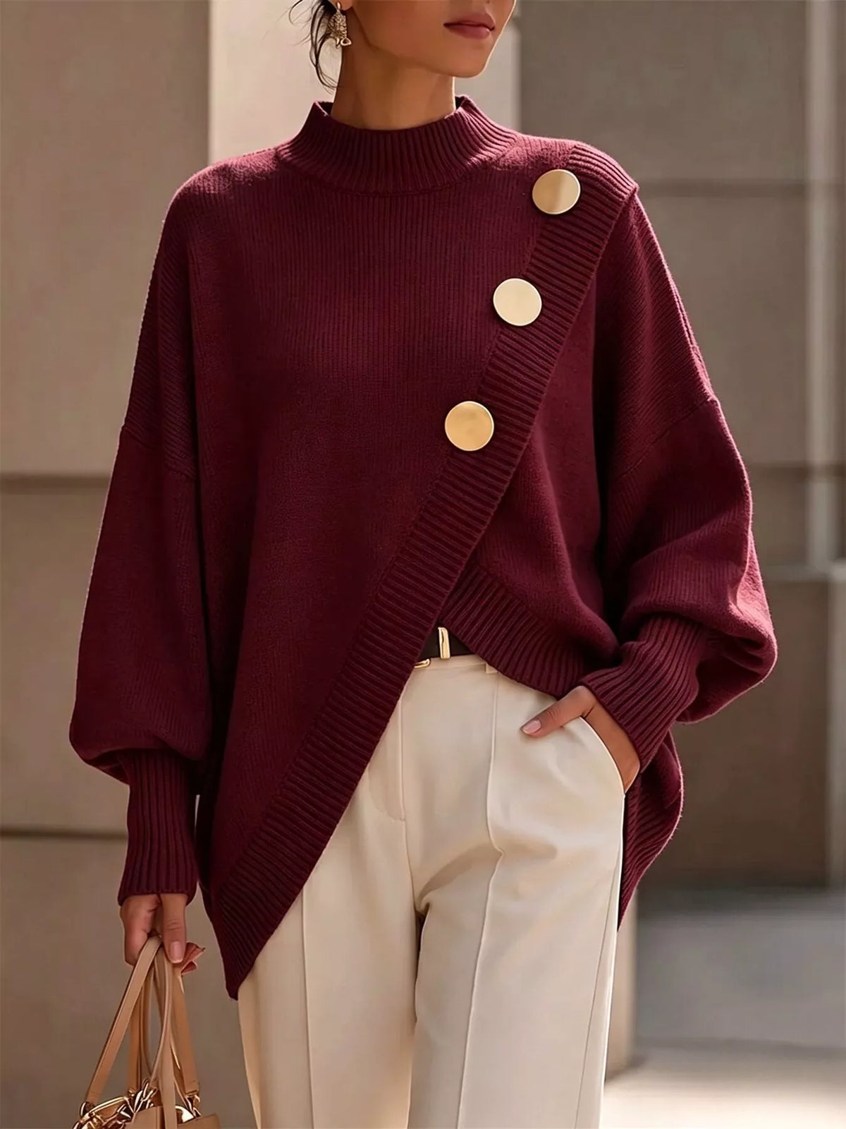 Asymmetric Button-Decorated Sweater — front view