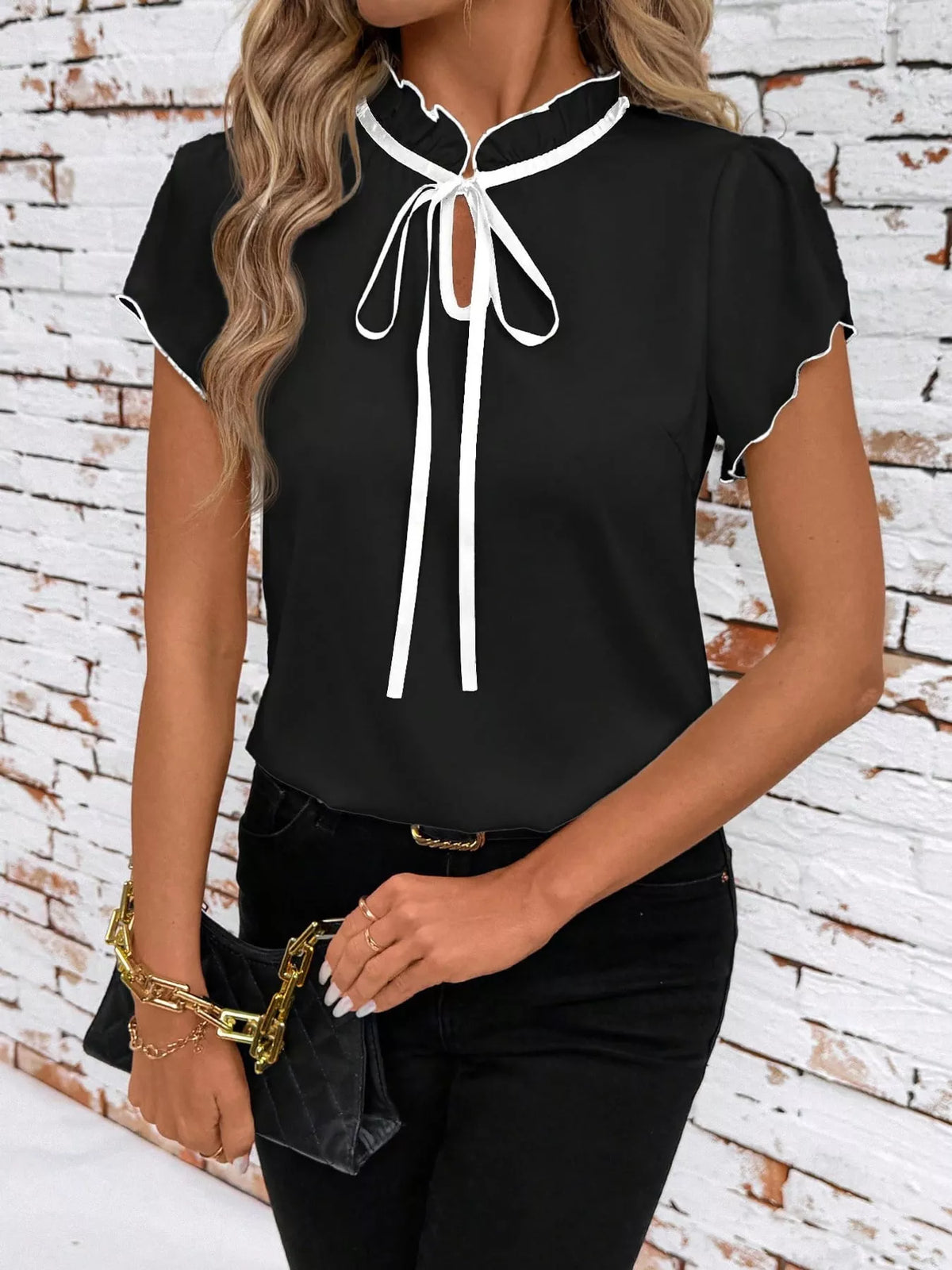Contrast Trim Ruffle Sleeve Tie-Front Blouse in black and white