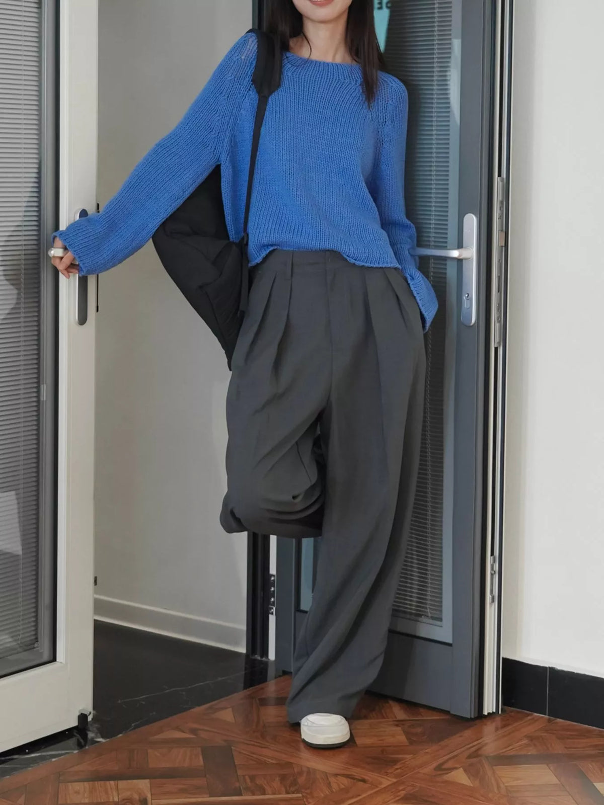 Women's High-Waisted Pleated Wide-Leg Pants in gray — front view