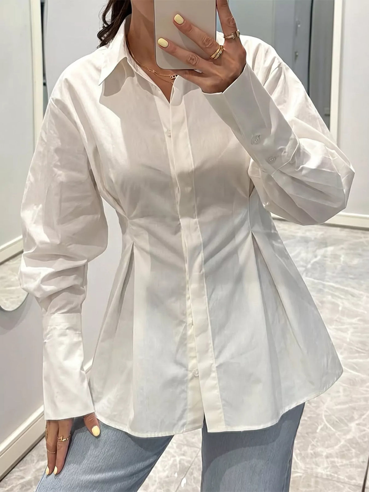 Button-Down Lantern Sleeve Shirt in white, front view