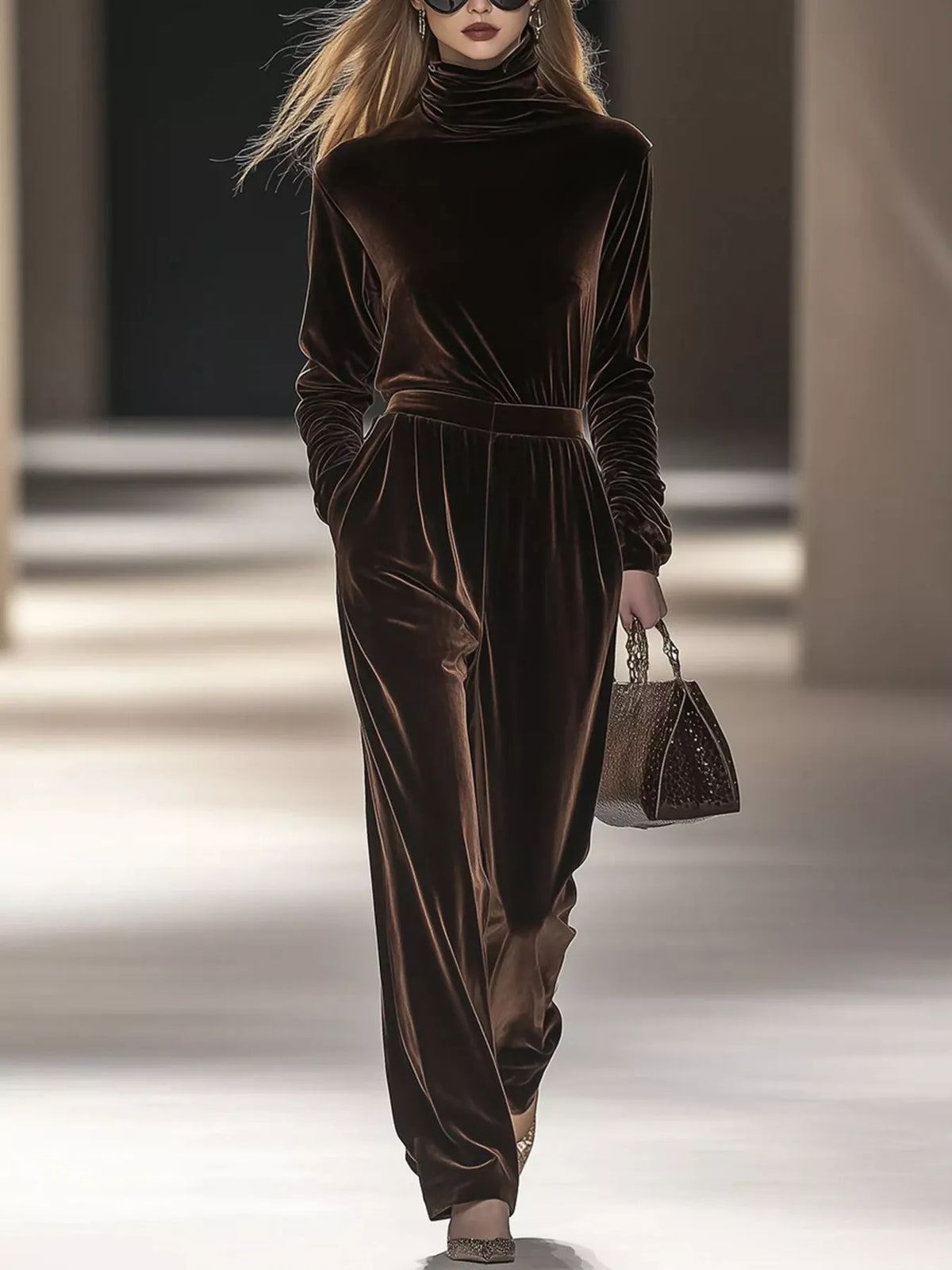 Women's Velvet Turtleneck Long-Sleeve Top & Wide-Leg Pants Set — front view