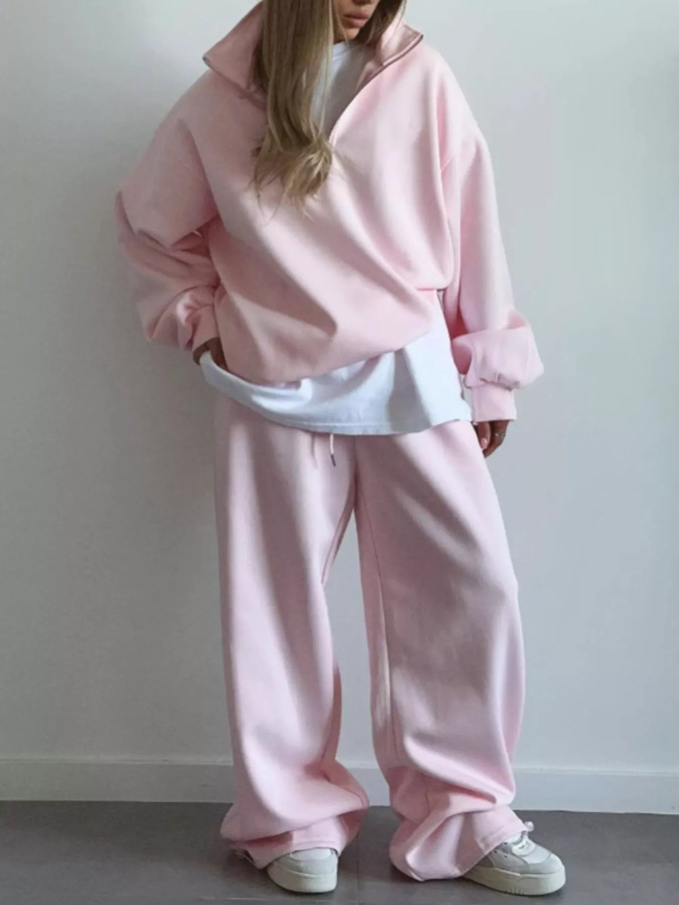Trendsi Quarter-Zip Top and Wide-Leg Sweatpants Set -