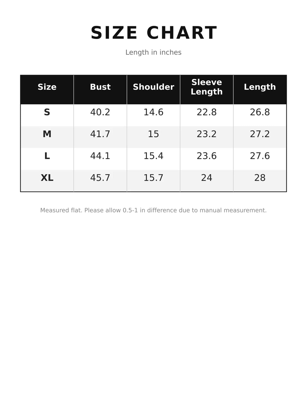 Size chart for snap down long sleeve denim shirt