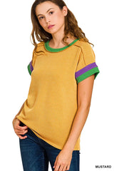Trendsi Zenana Mardi Gras Raised Rib Contrast Trim Top -