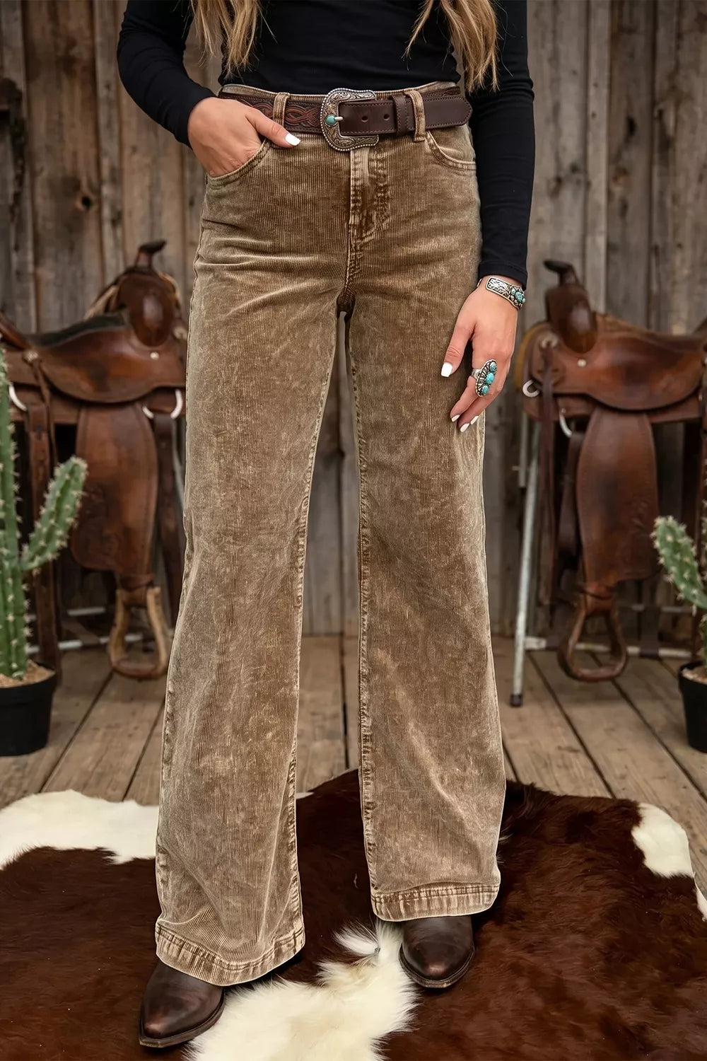 Women's Straight Leg Corduroy Metal Button Zip-up Pants in Taupe, front view