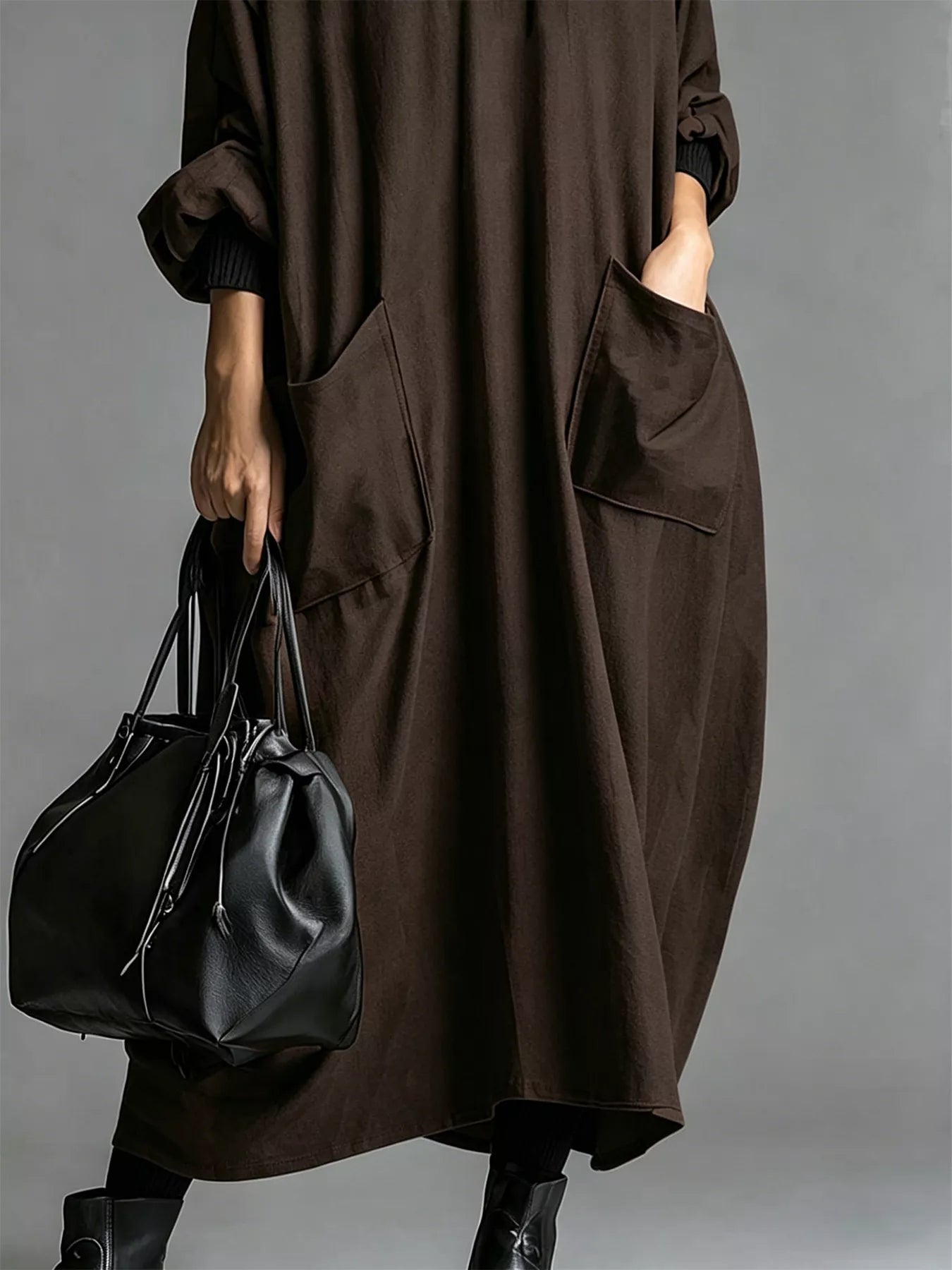 Trendsi Full Size Loose-Fit Mock Neck Midi Dress with Pockets Plus Size -