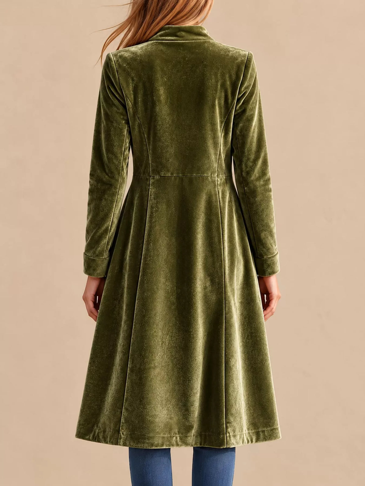 Olive Green velvet zip-up longline jacket, back view