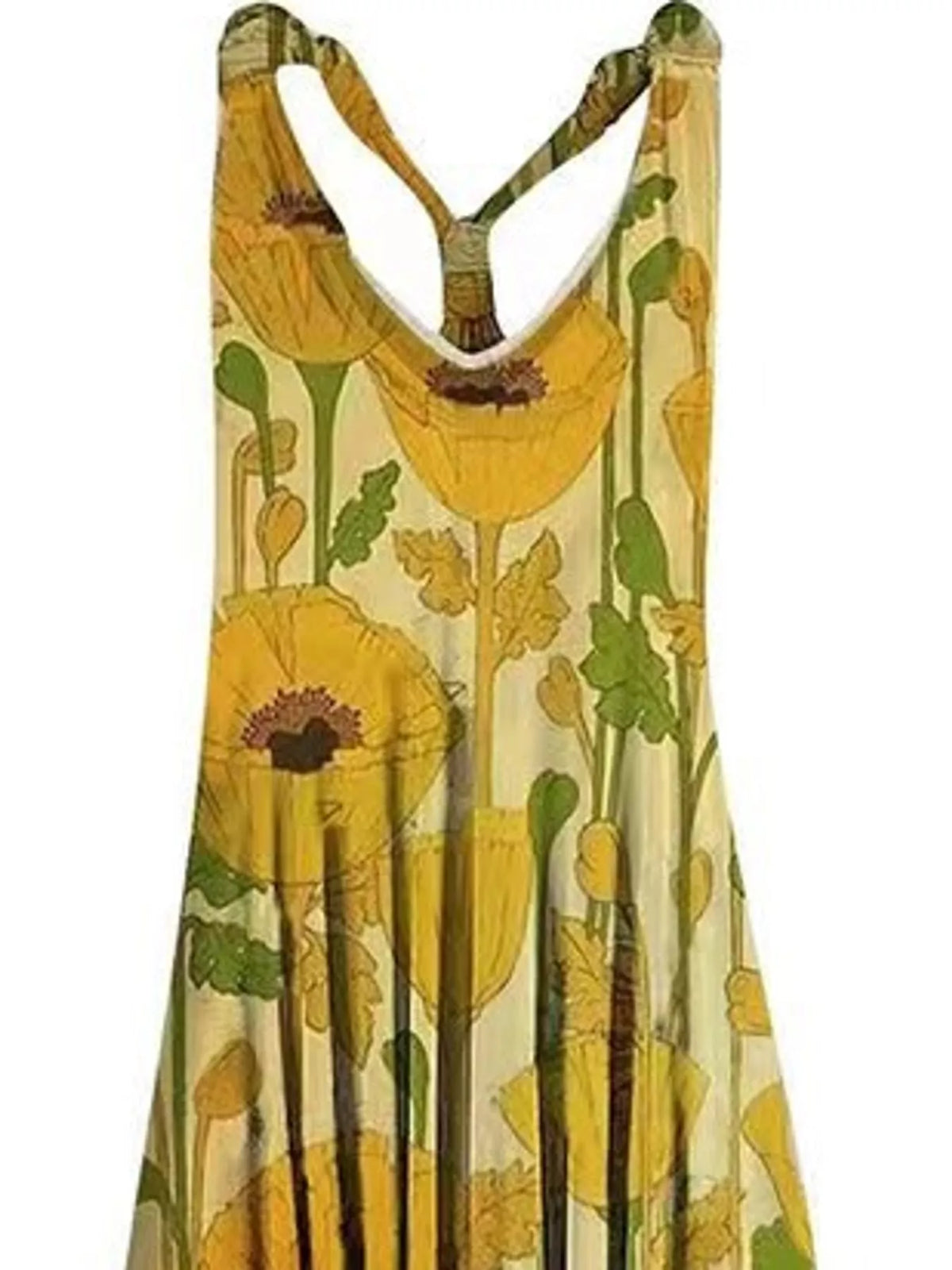 Yellow poppy-print V-neck sleeveless jumpsuit, neckline and strap detail