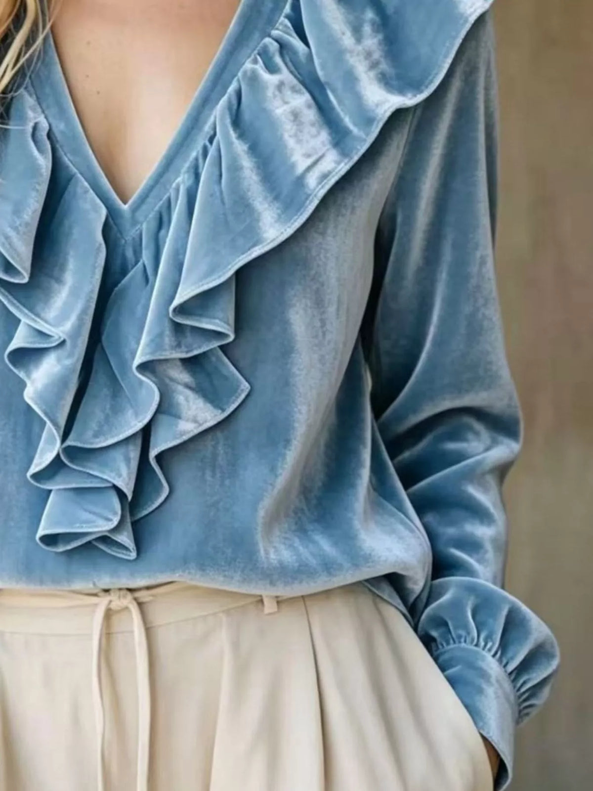 Cerulean Velvet Ruffled V-Neck Long Sleeve Blouse ruffle and sleeve detail
