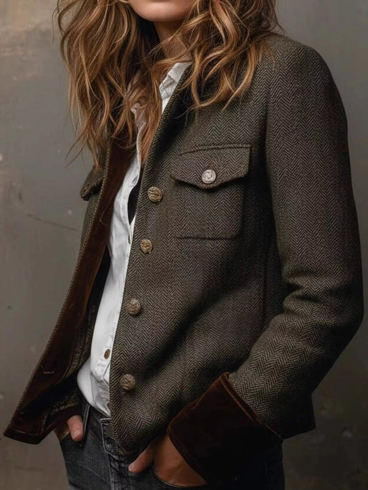 Brown herringbone tweed blazer with velvet cuffs