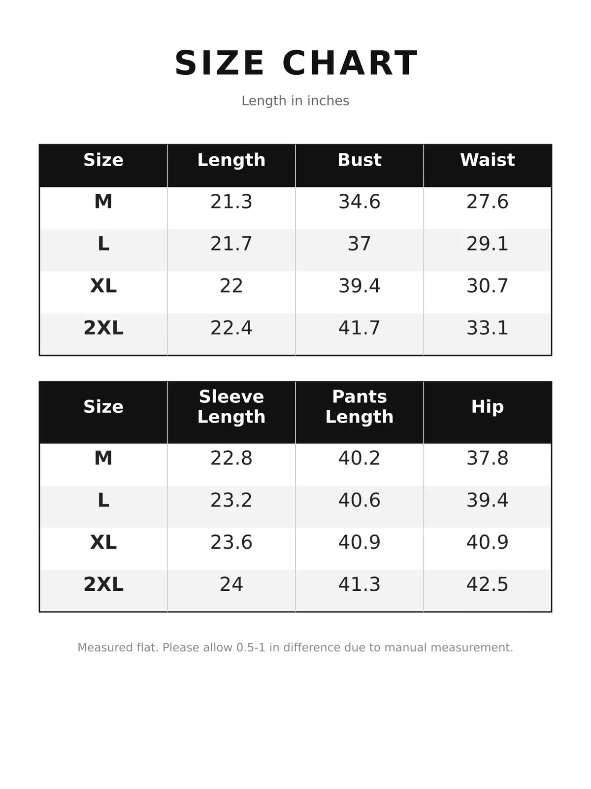 Size and measurement chart for wide-leg top and pants set