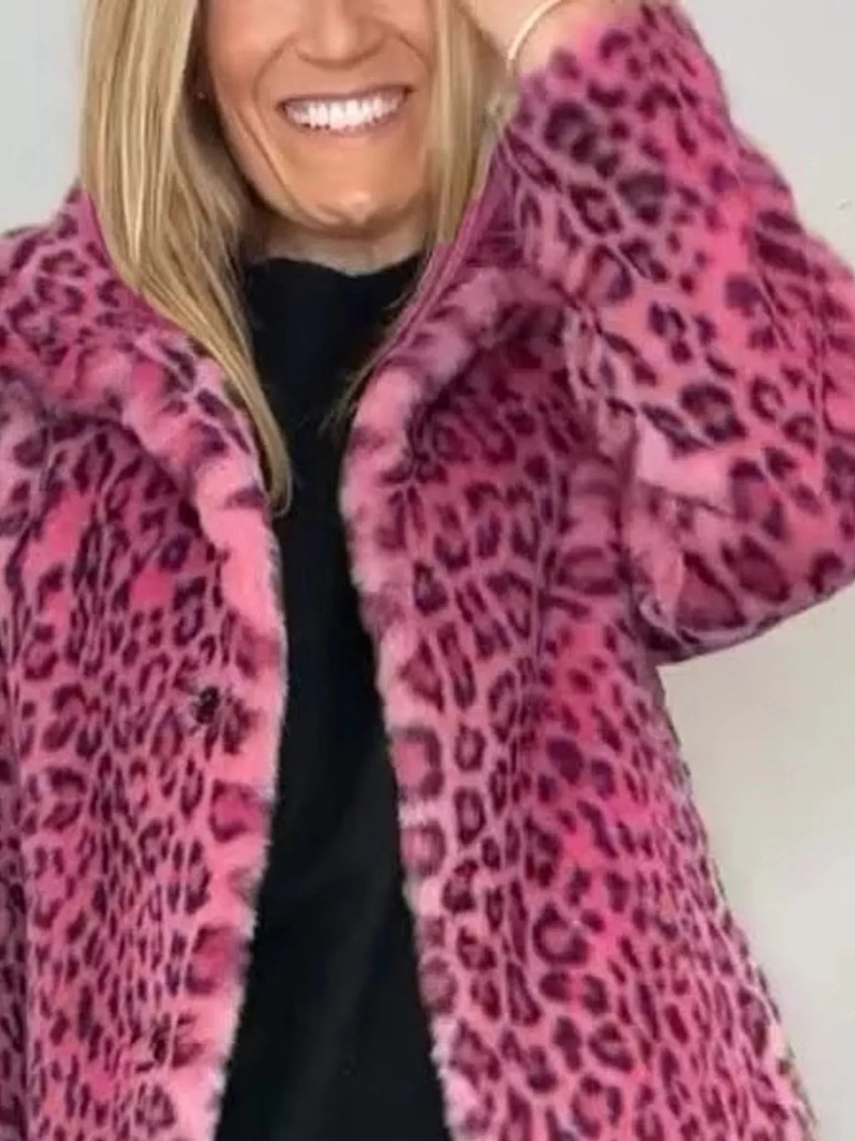 Open Front Leopard Print Faux Fur Jacket — construction details
